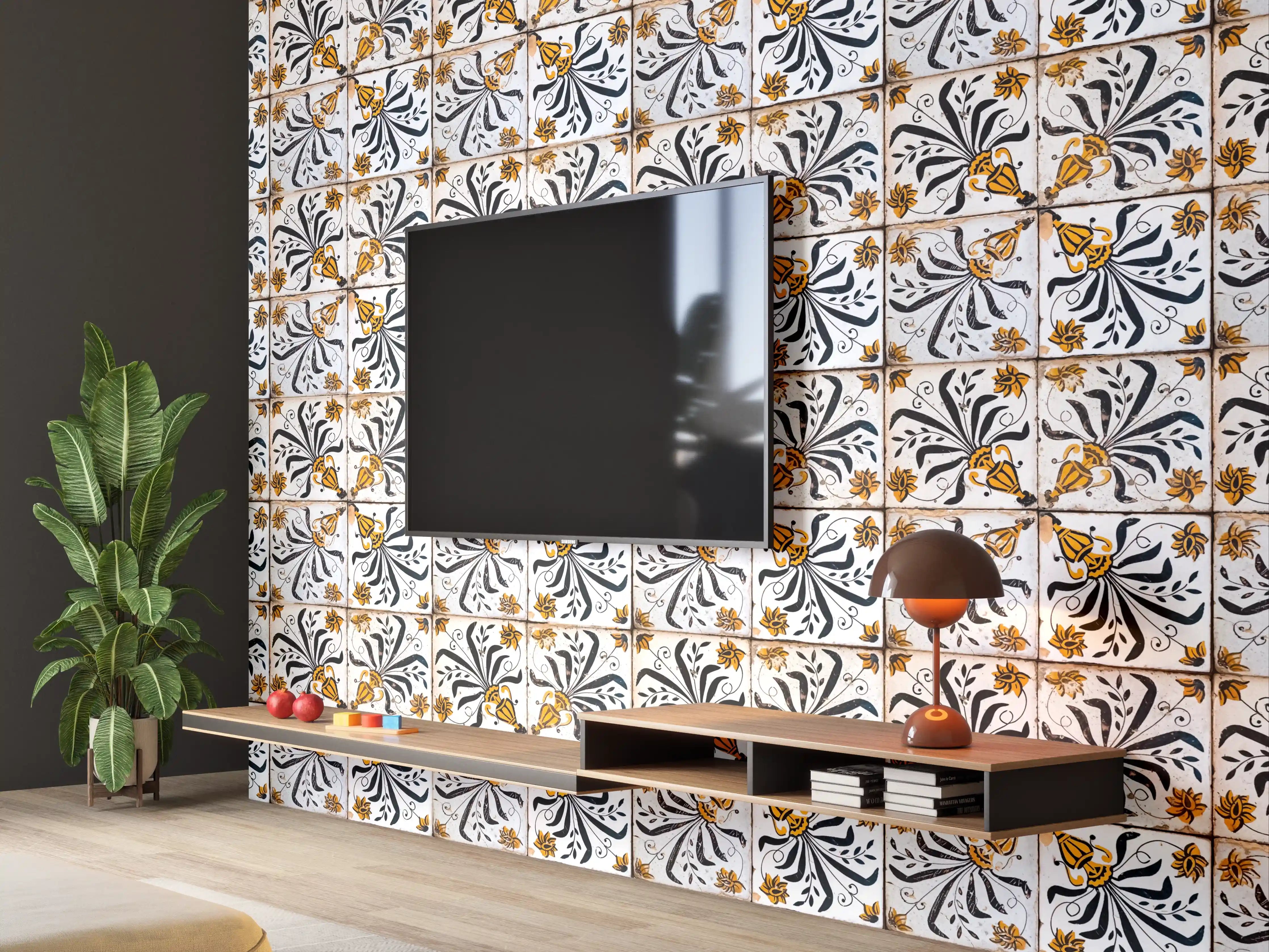 Wandverkleidung Wohnzimmer - Bunte Fliesen mit Muster in Blau, Weiß, Schwarz und Gold