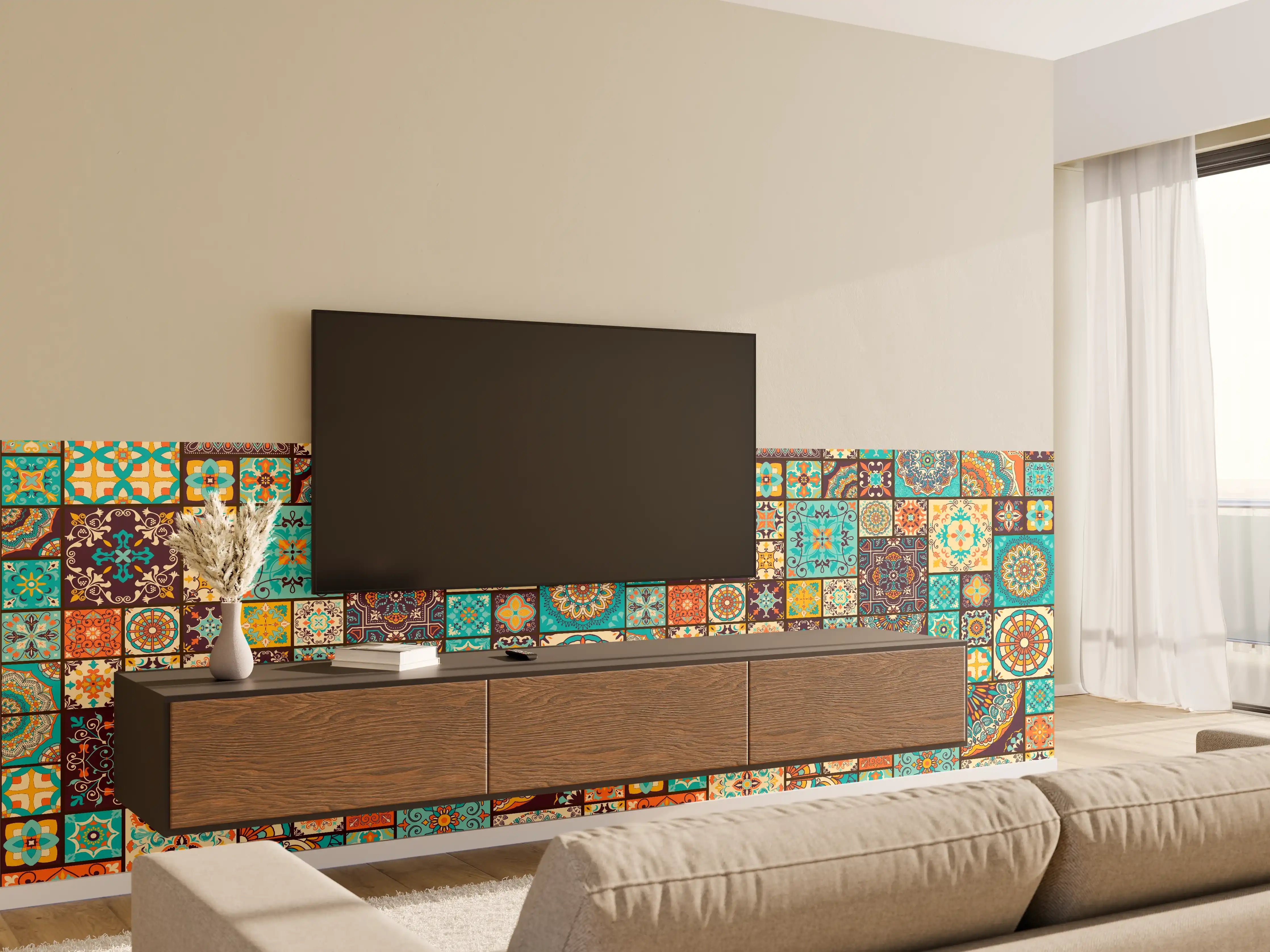 Wandverkleidung Wohnzimmer - Bunte Fliesenmuster - Mediterranes Design