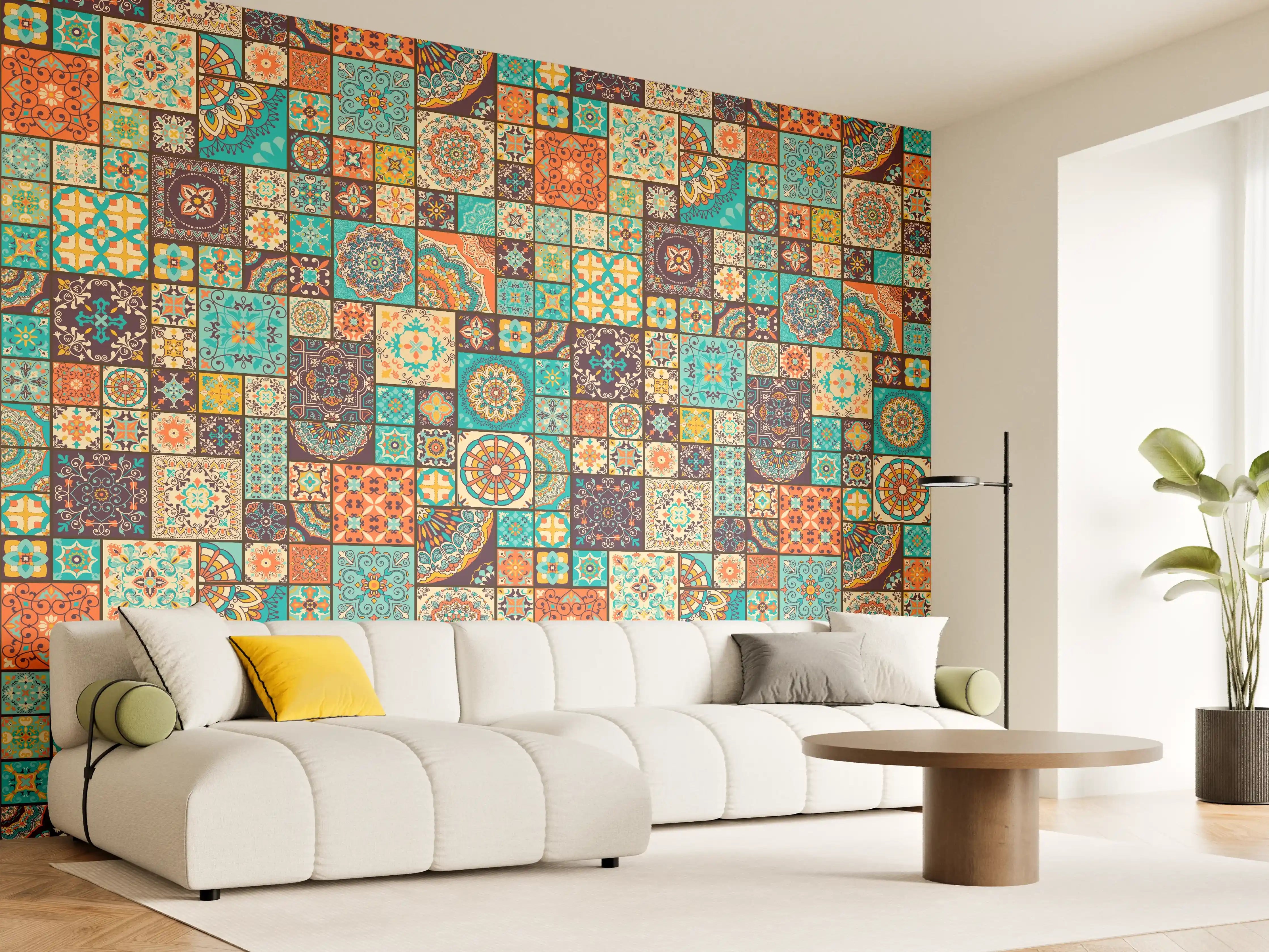 Wandverkleidung Wohnzimmer - Bunte Fliesenmuster - Mediterranes Design