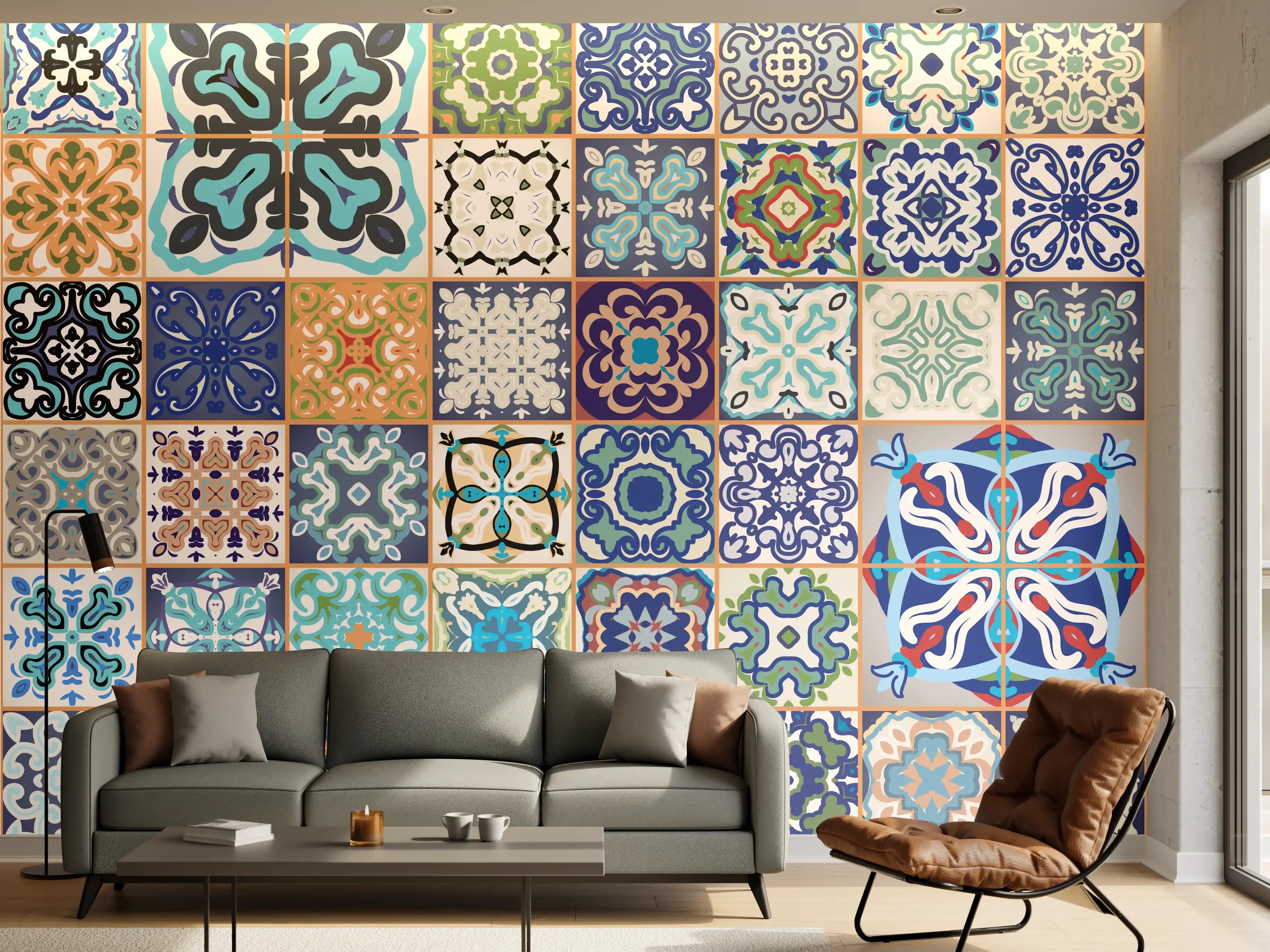 Wandverkleidung Wohnzimmer - Bunte Fliesenmuster in Blau und Grün
