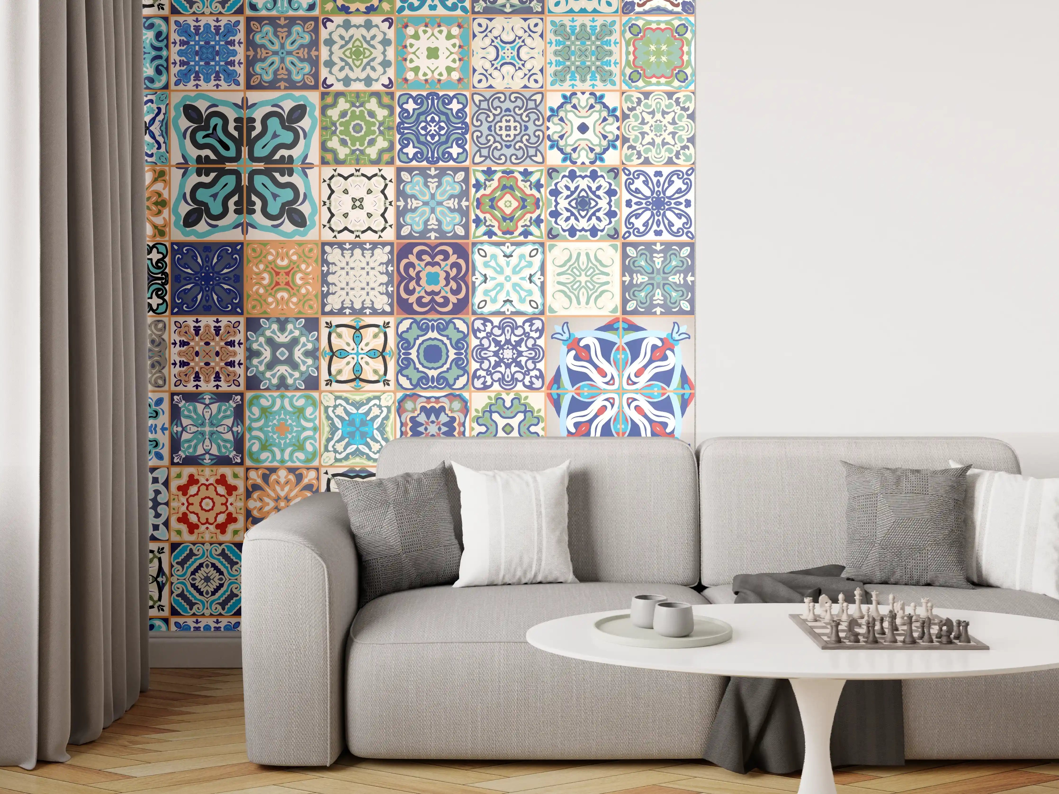 Wandverkleidung Wohnzimmer - Bunte Fliesenmuster in Blau und Grün