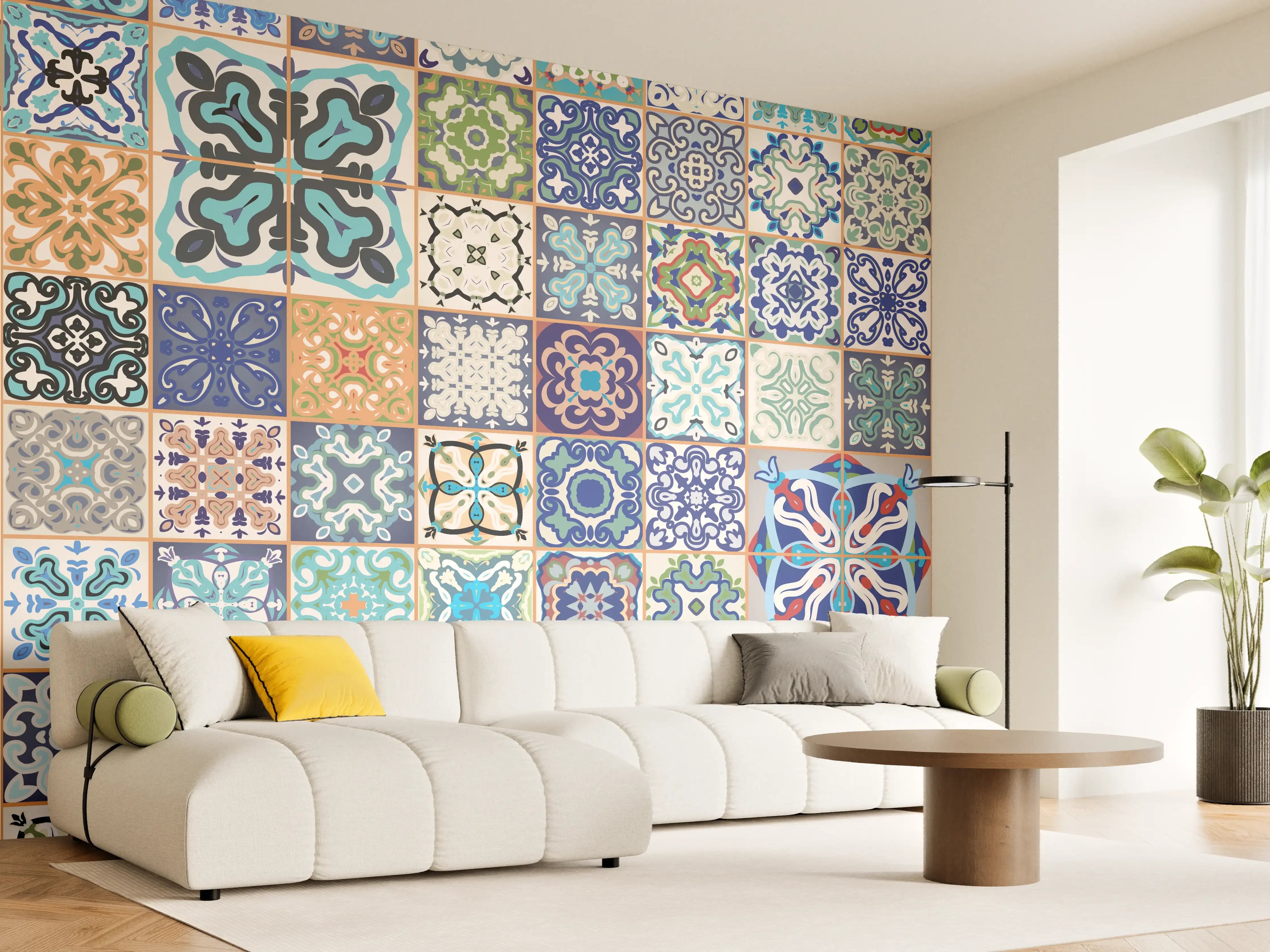Wandverkleidung Wohnzimmer - Bunte Fliesenmuster in Blau und Grün