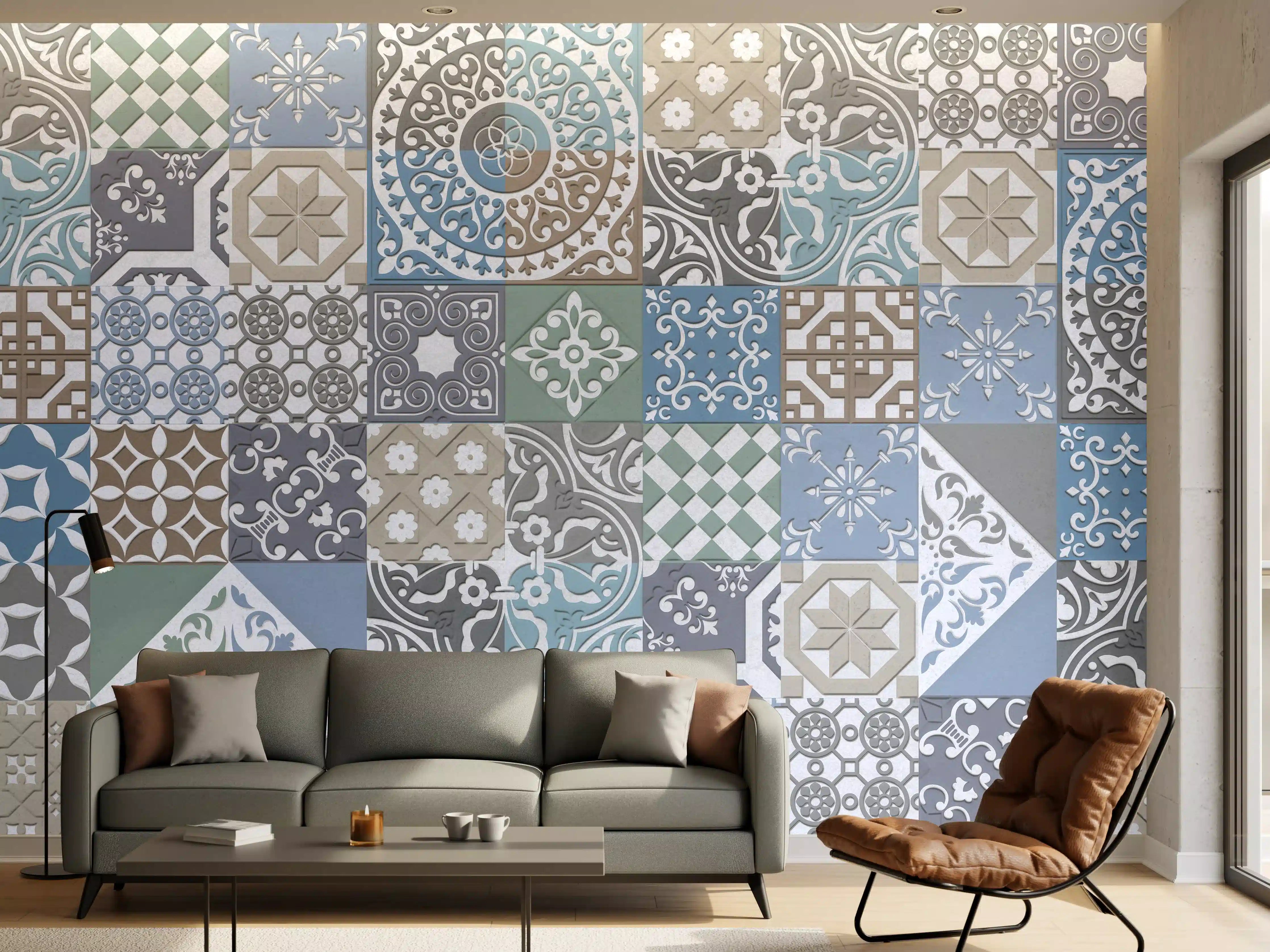 Wandverkleidung Wohnzimmer - Bunte Fliesenmuster in Blau, Grau und Beigetönen