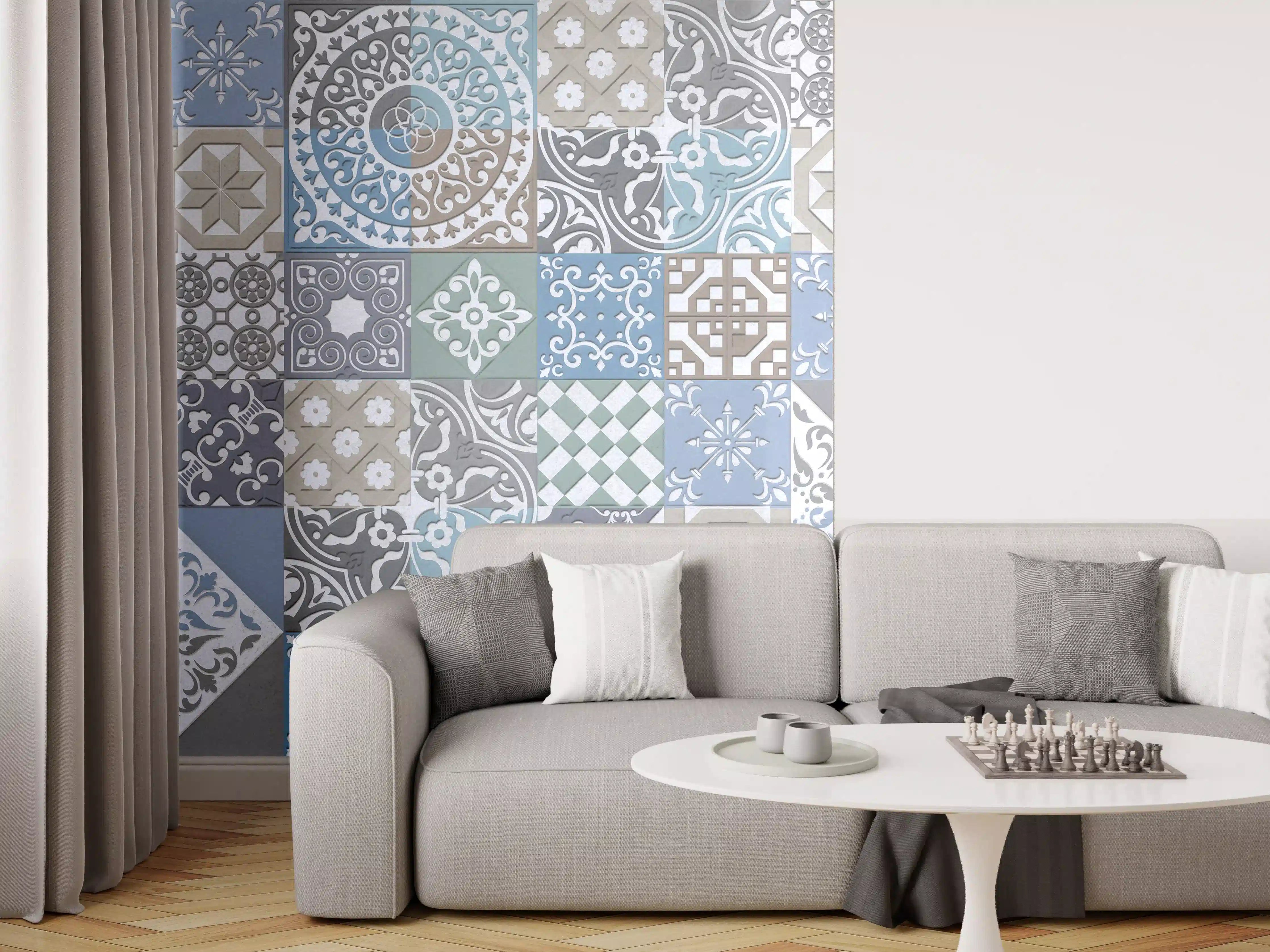 Wandverkleidung Wohnzimmer - Bunte Fliesenmuster in Blau, Grau und Beigetönen