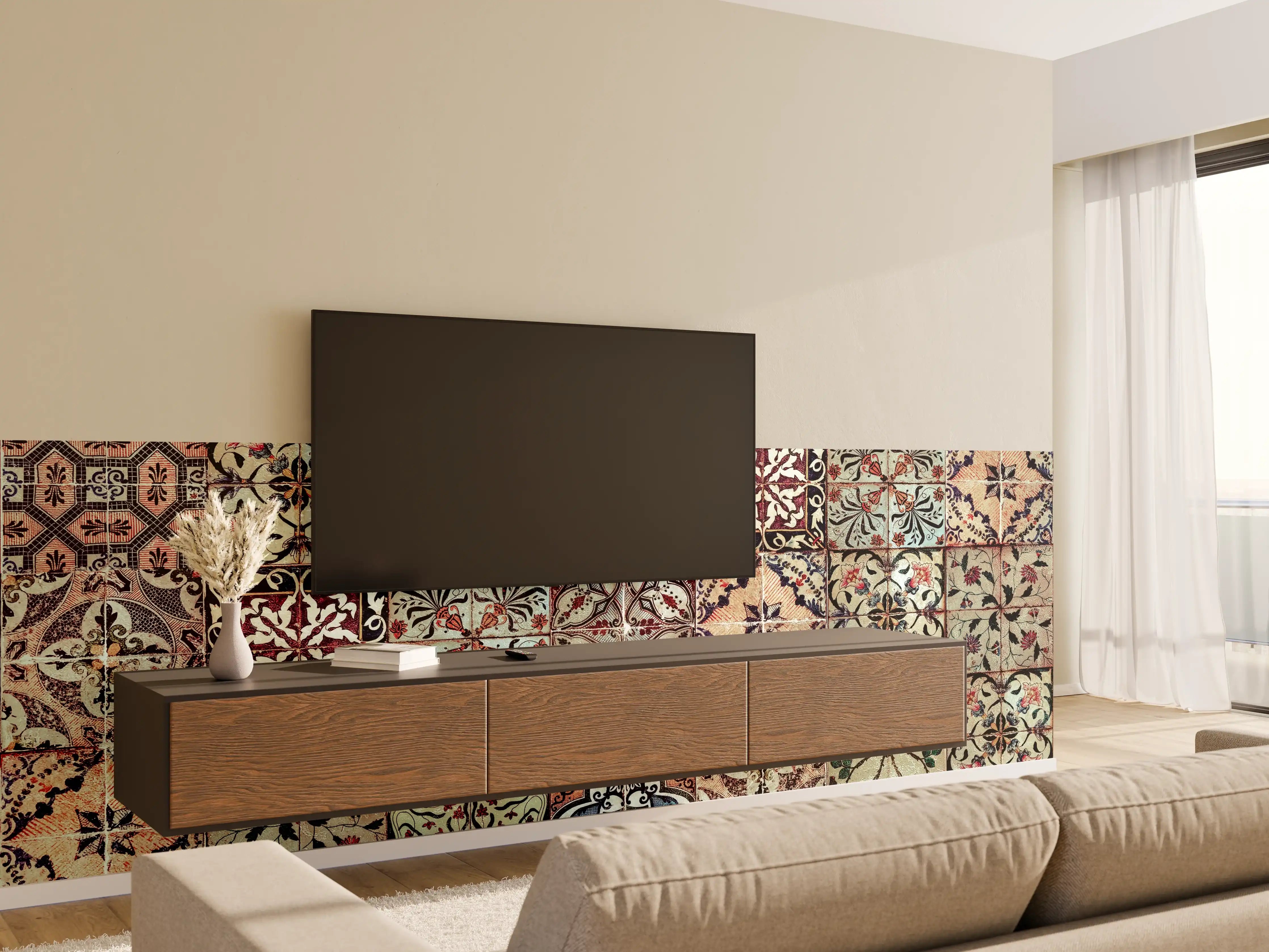 Wandverkleidung Wohnzimmer - Bunte Fliesenmuster mit vintage Charme