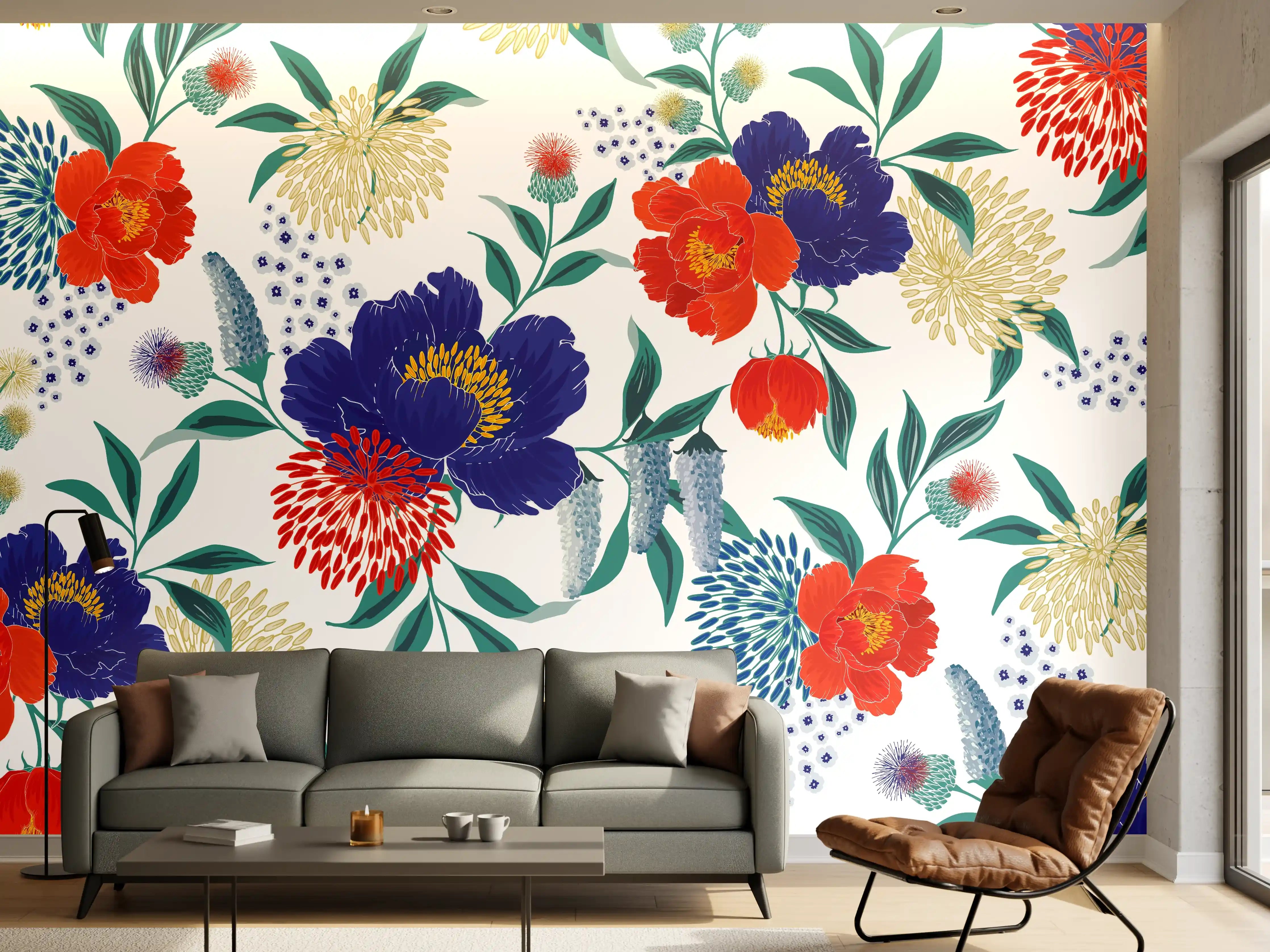 Wandverkleidung Wohnzimmer - Bunte Florale Muster Tapete