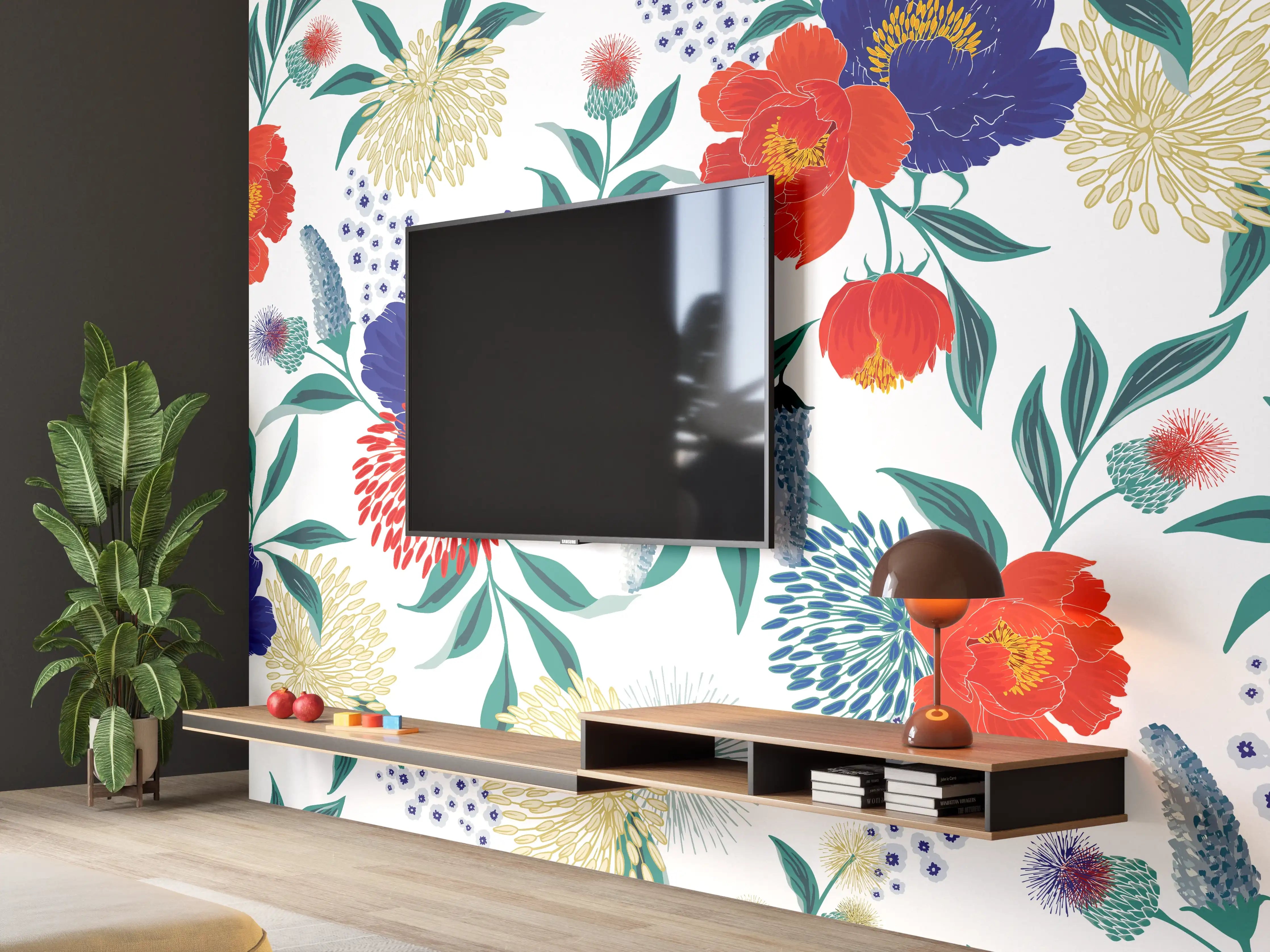 Wandverkleidung Wohnzimmer - Bunte Florale Muster Tapete