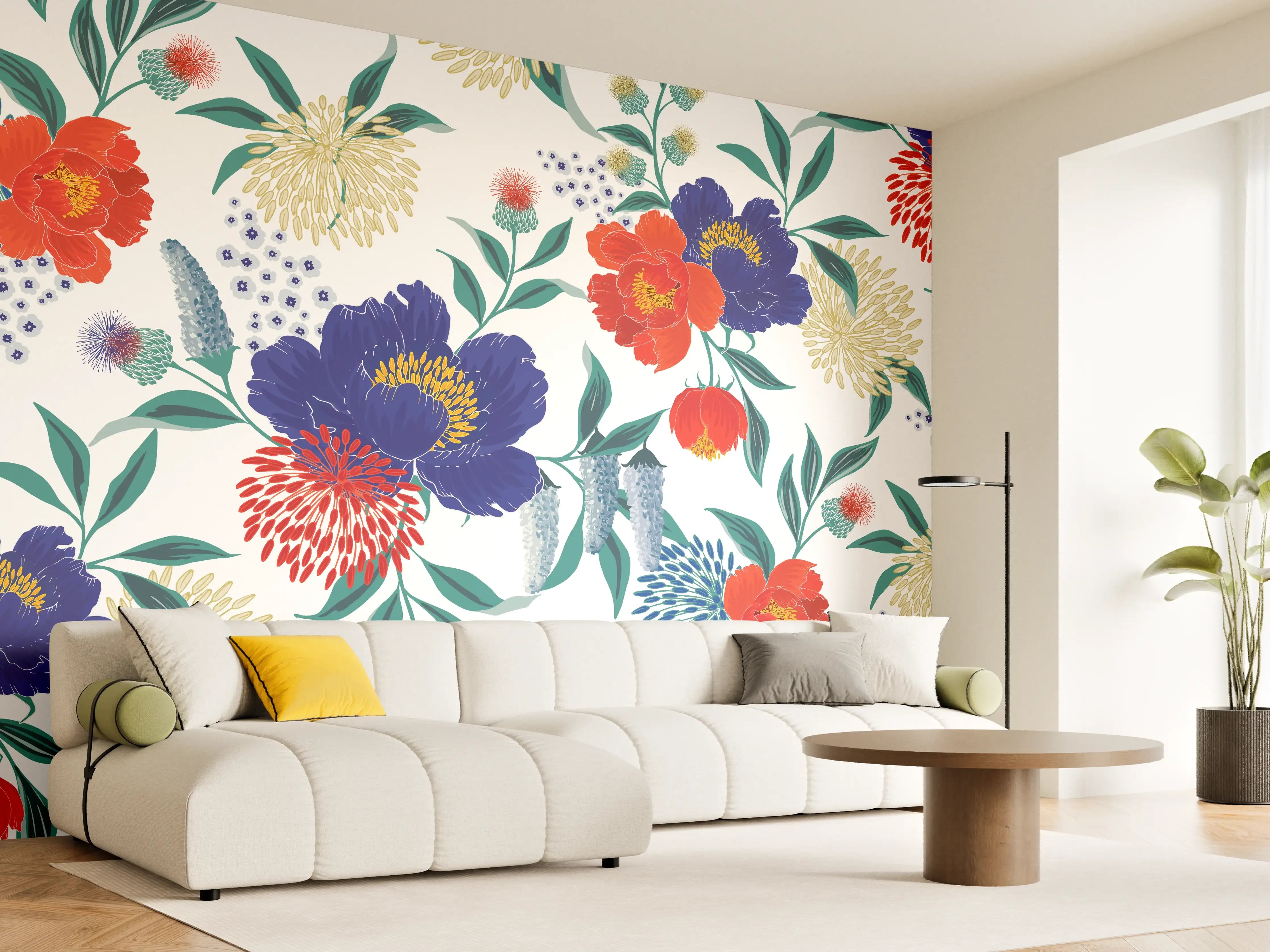 Wandverkleidung Wohnzimmer - Bunte Florale Muster Tapete