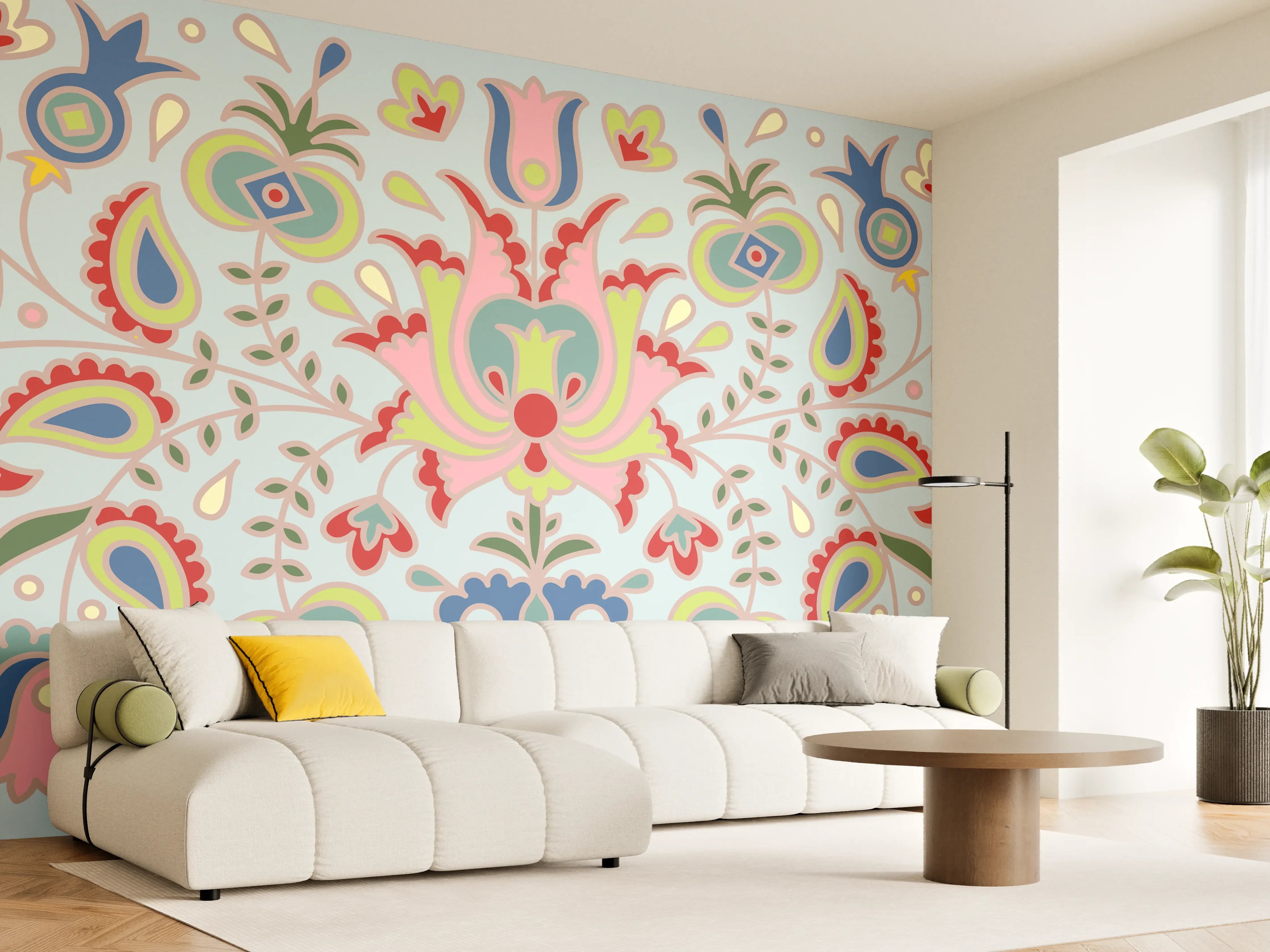 Wandverkleidung Wohnzimmer - Bunte Folklore-Muster Textilprint