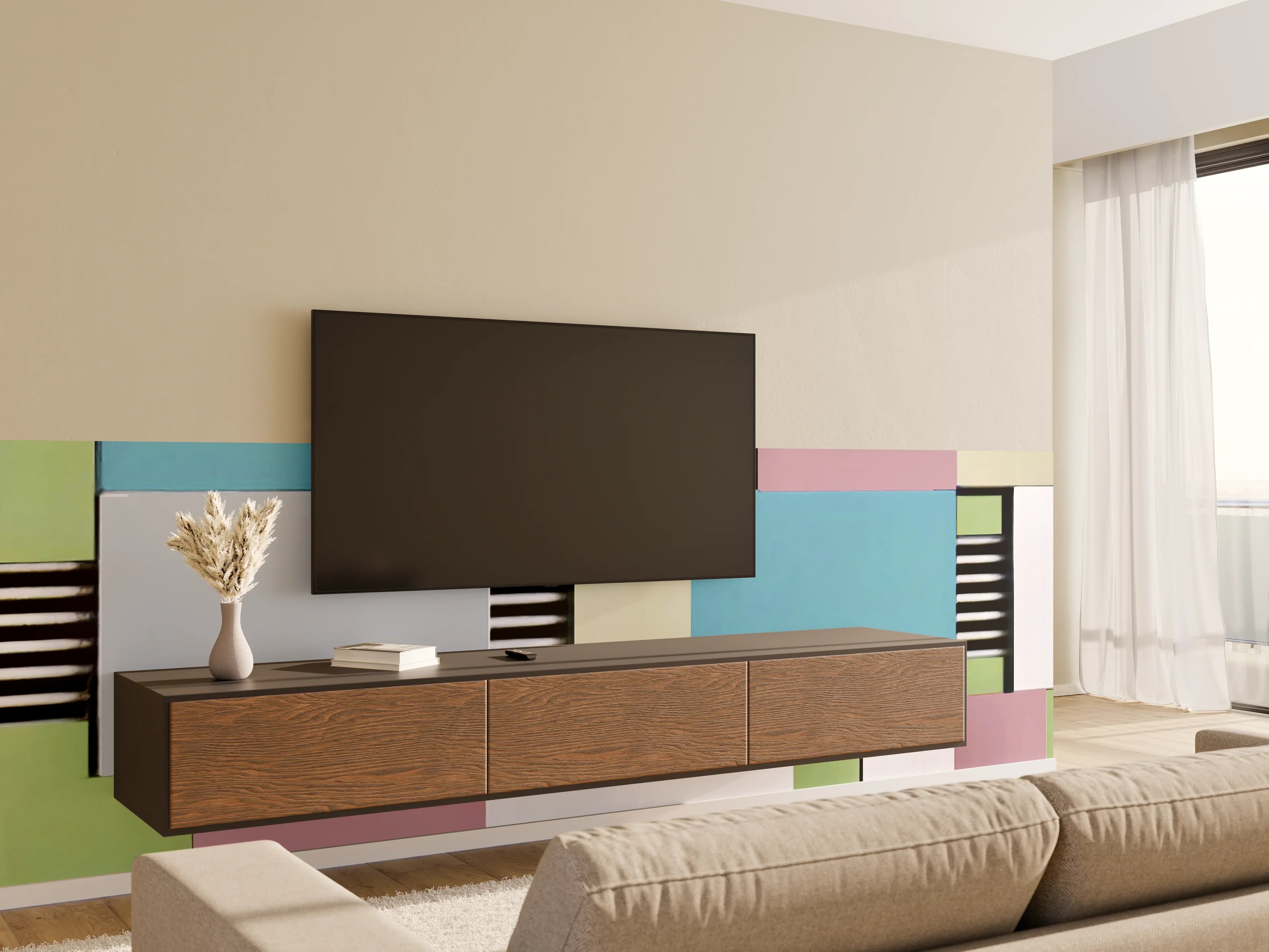 Wandverkleidung Wohnzimmer - Bunte Geometrische Fassadenkunst