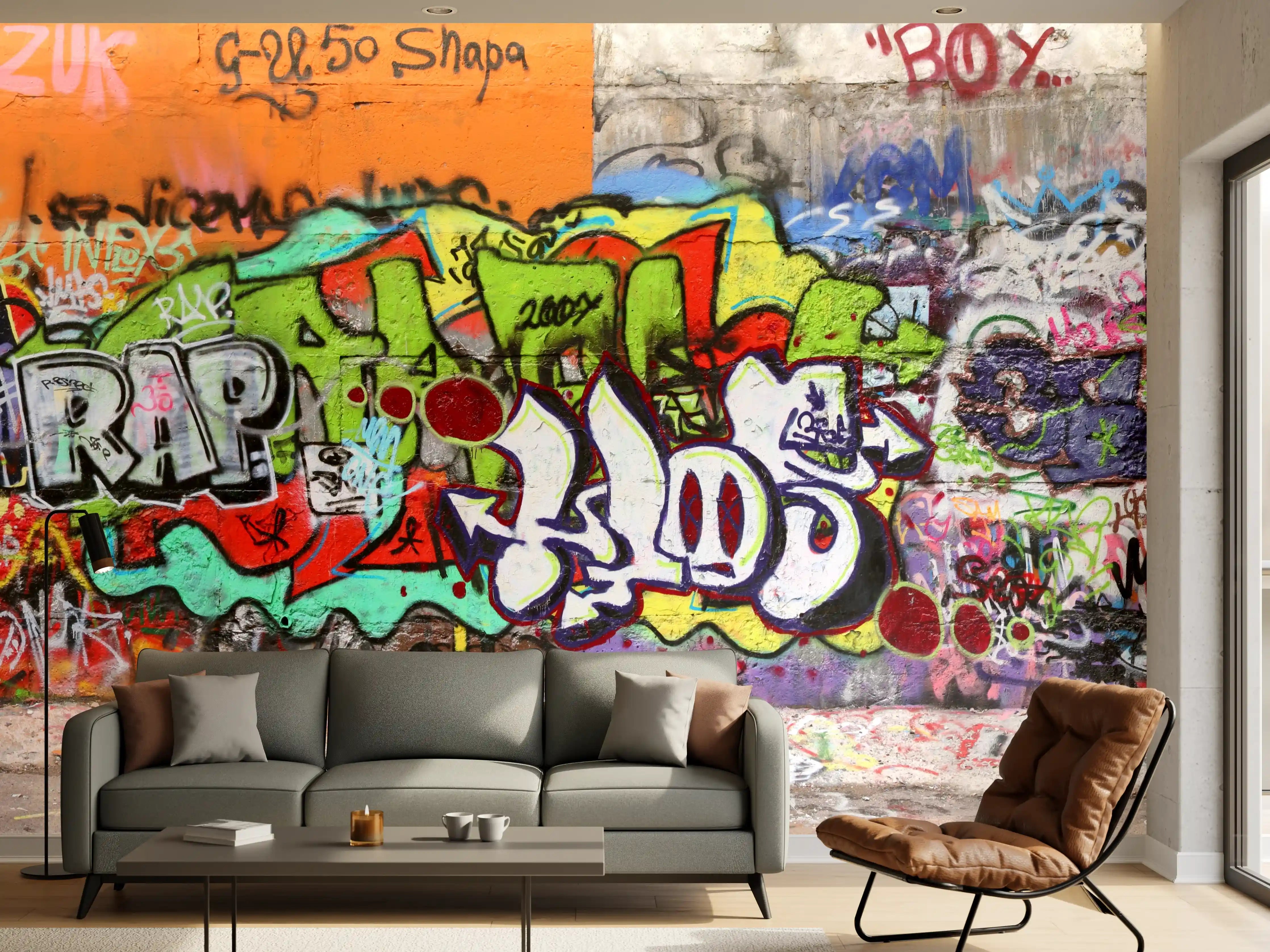 Wandverkleidung Wohnzimmer - Bunte Graffiti-Kunst Wand