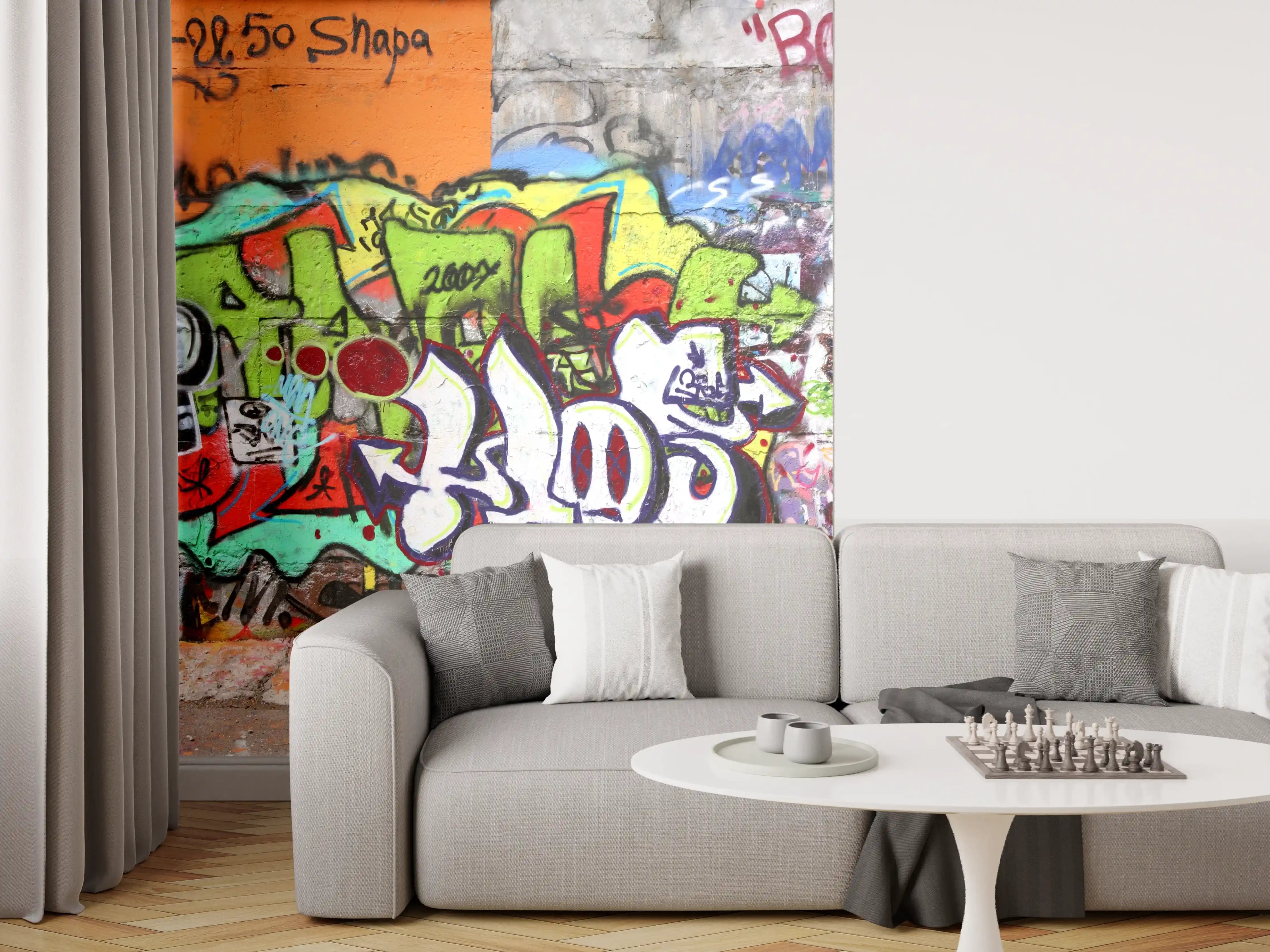 Wandverkleidung Wohnzimmer - Bunte Graffiti-Kunst Wand