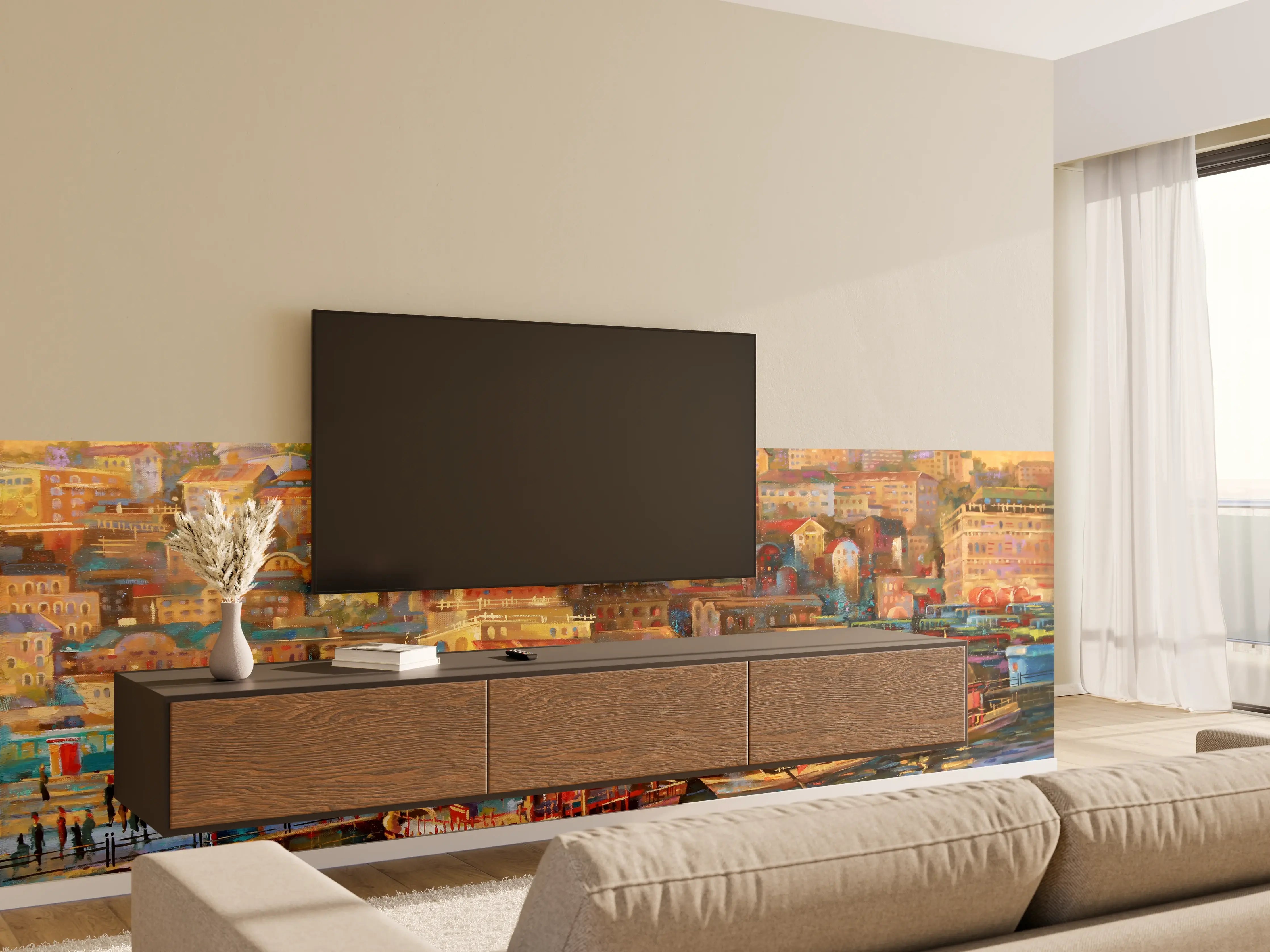 Wandverkleidung Wohnzimmer - Bunte Hafenstadt mit Moschee bei Sonnenuntergang