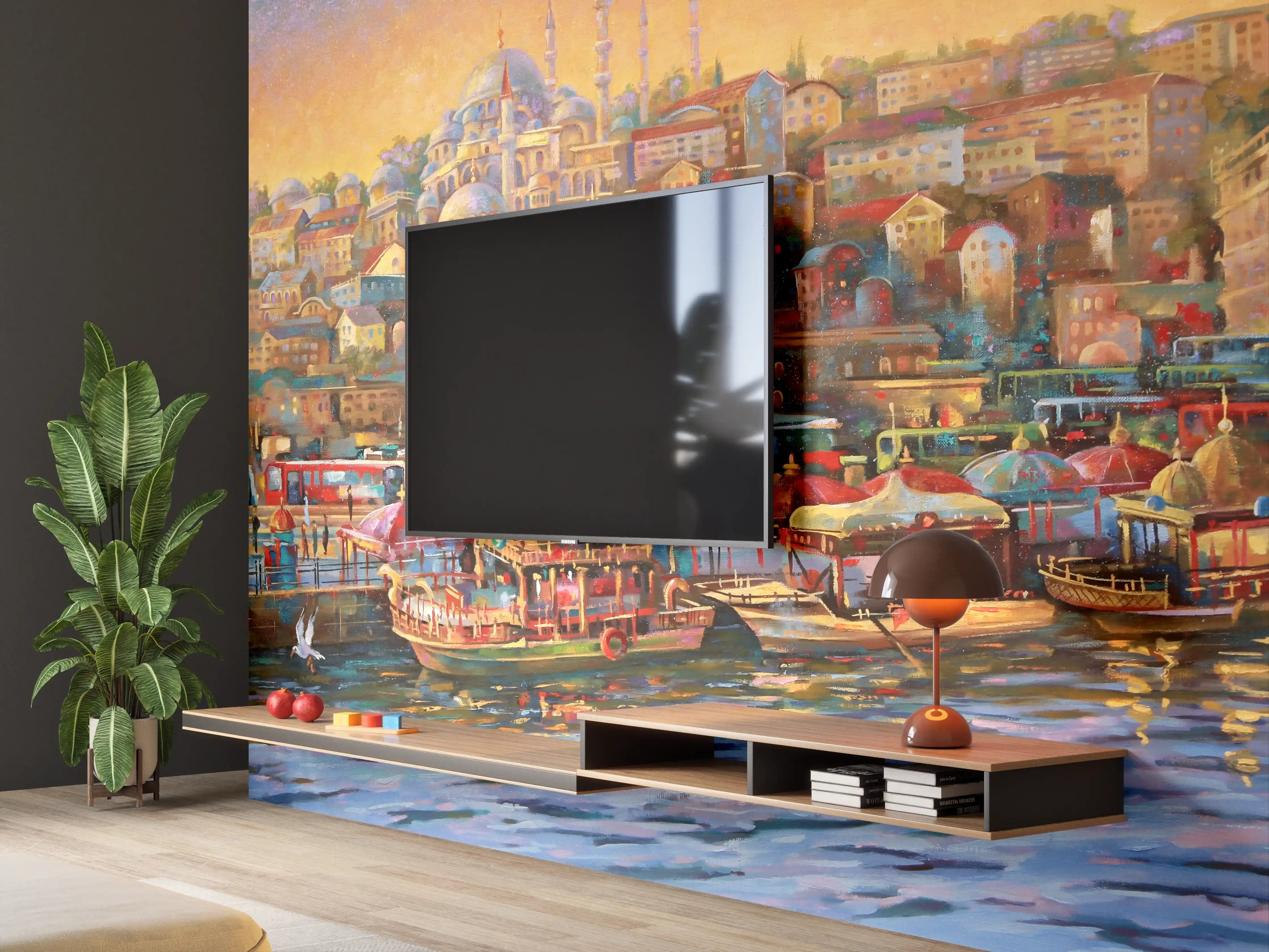 Wandverkleidung Wohnzimmer - Bunte Hafenstadt mit Moschee bei Sonnenuntergang