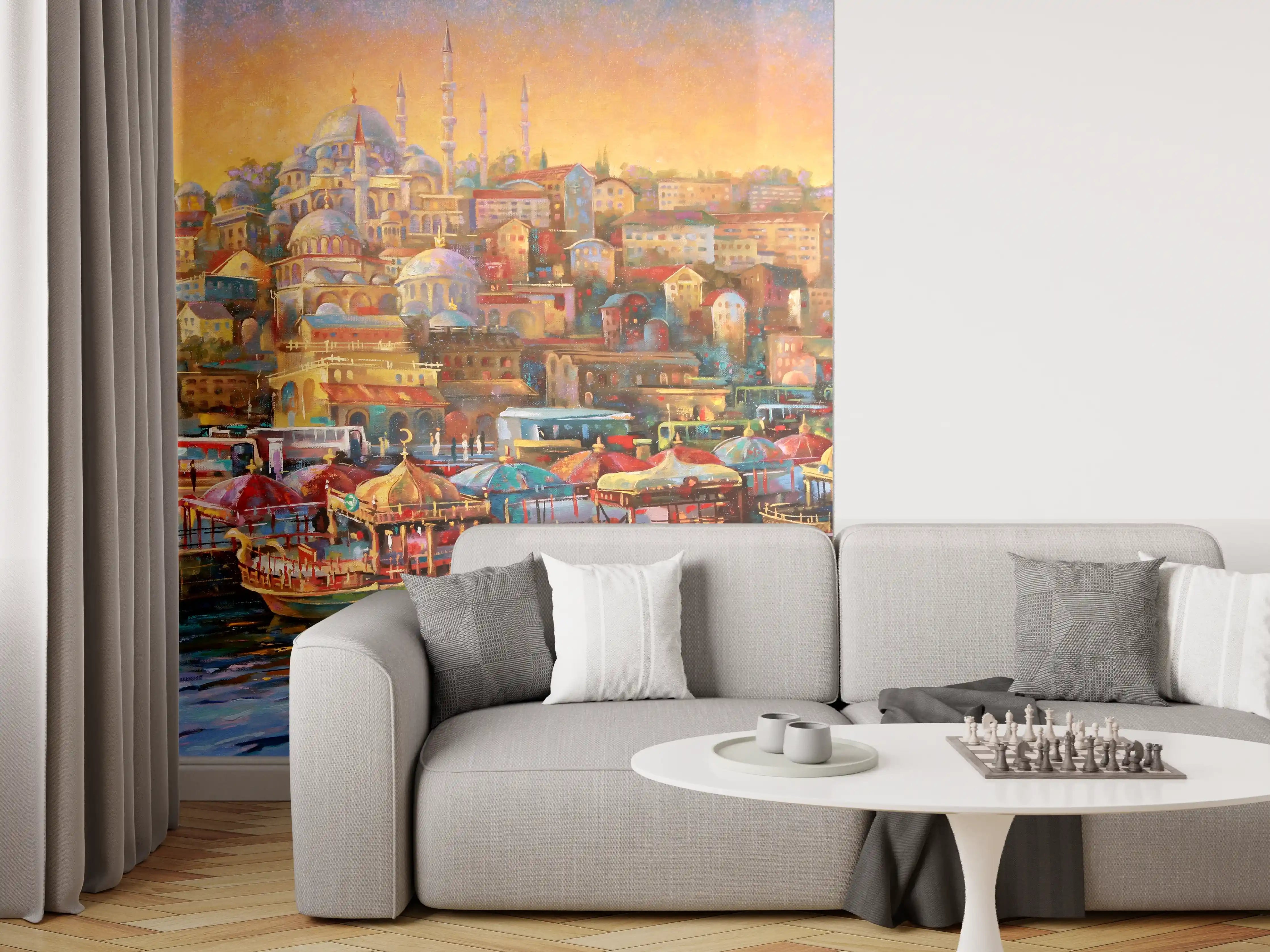 Wandverkleidung Wohnzimmer - Bunte Hafenstadt mit Moschee bei Sonnenuntergang