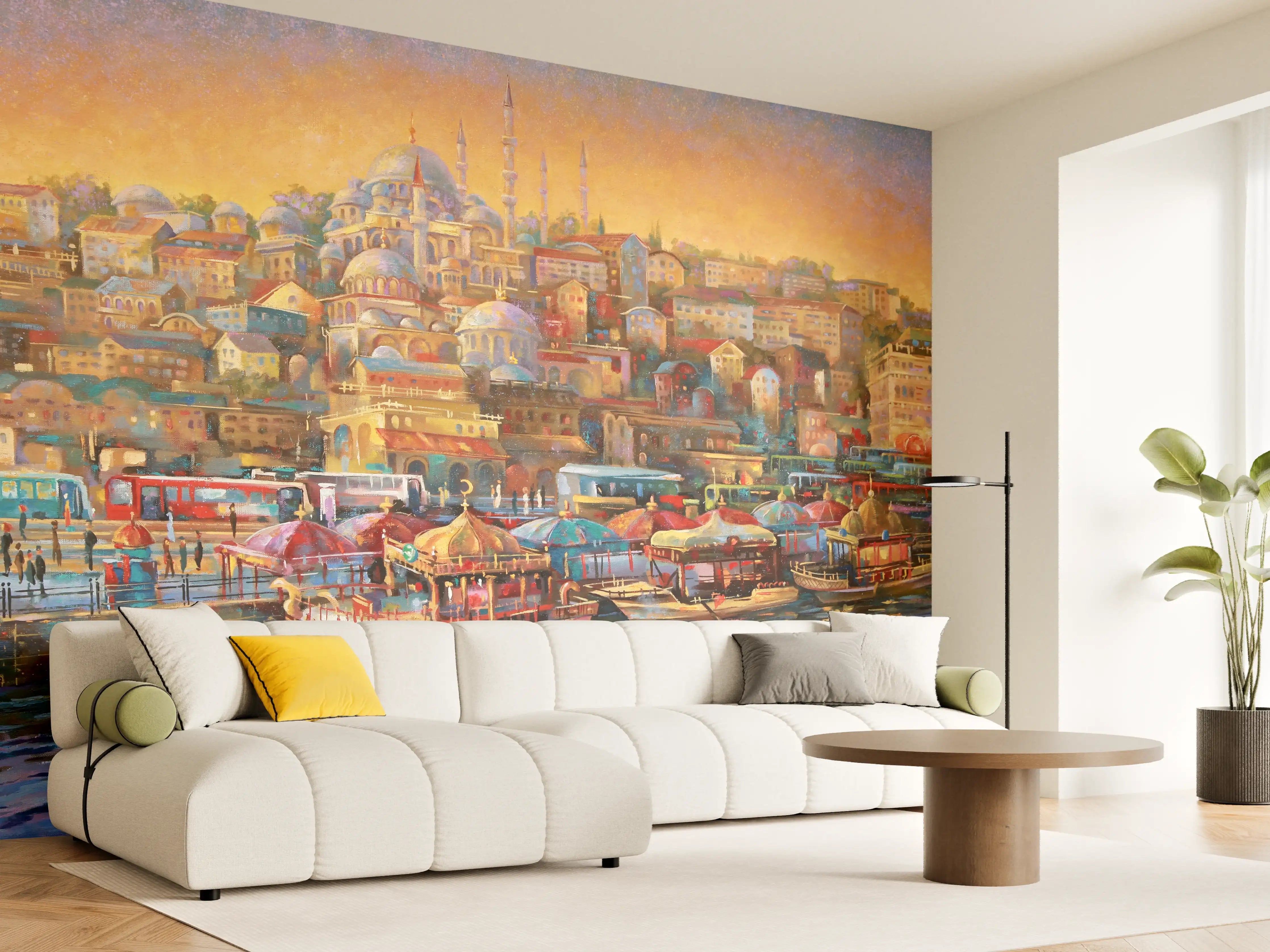 Wandverkleidung Wohnzimmer - Bunte Hafenstadt mit Moschee bei Sonnenuntergang