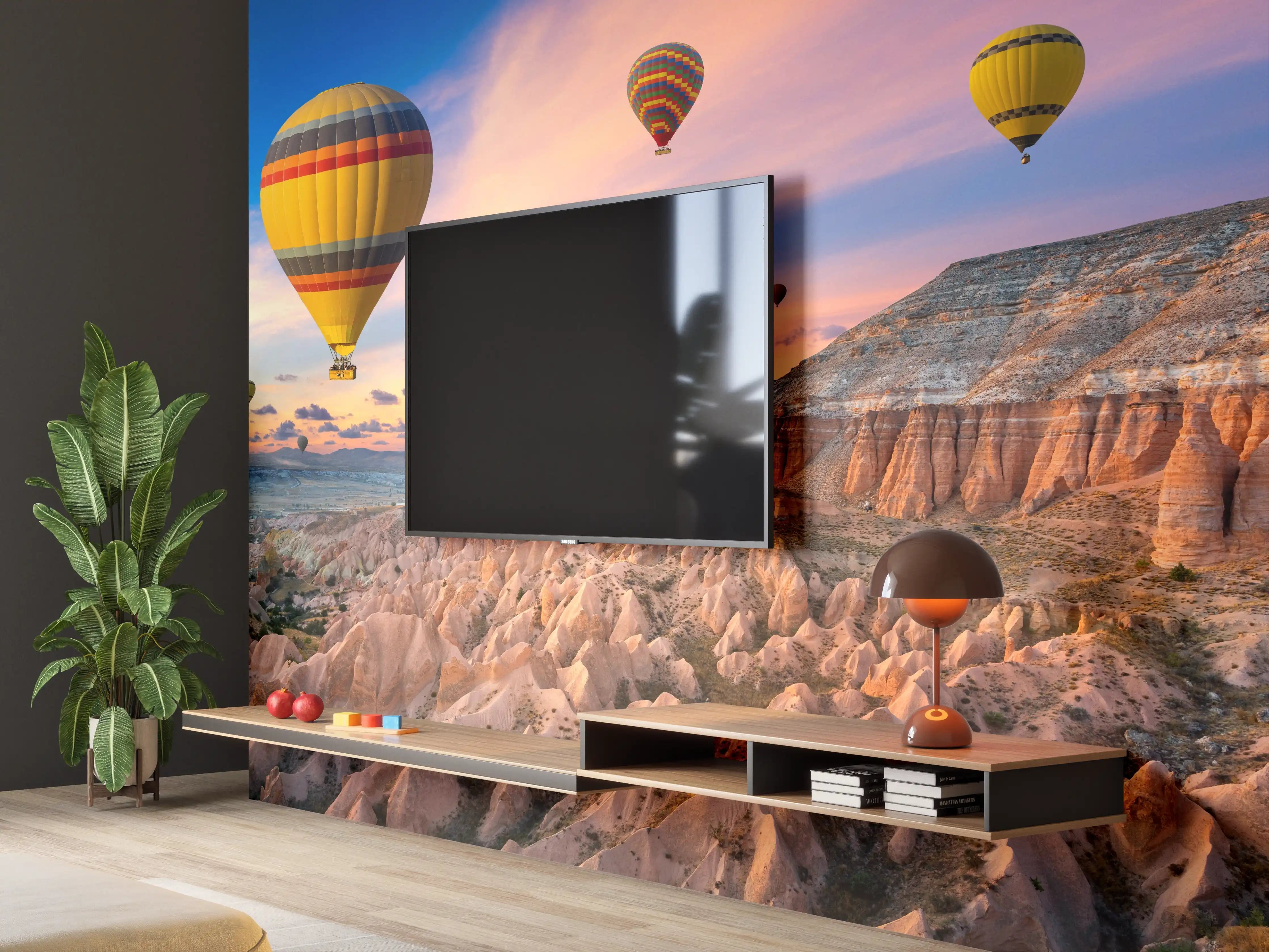 Wandverkleidung Wohnzimmer - Bunte Heißluftballons über atemberaubender Landschaft