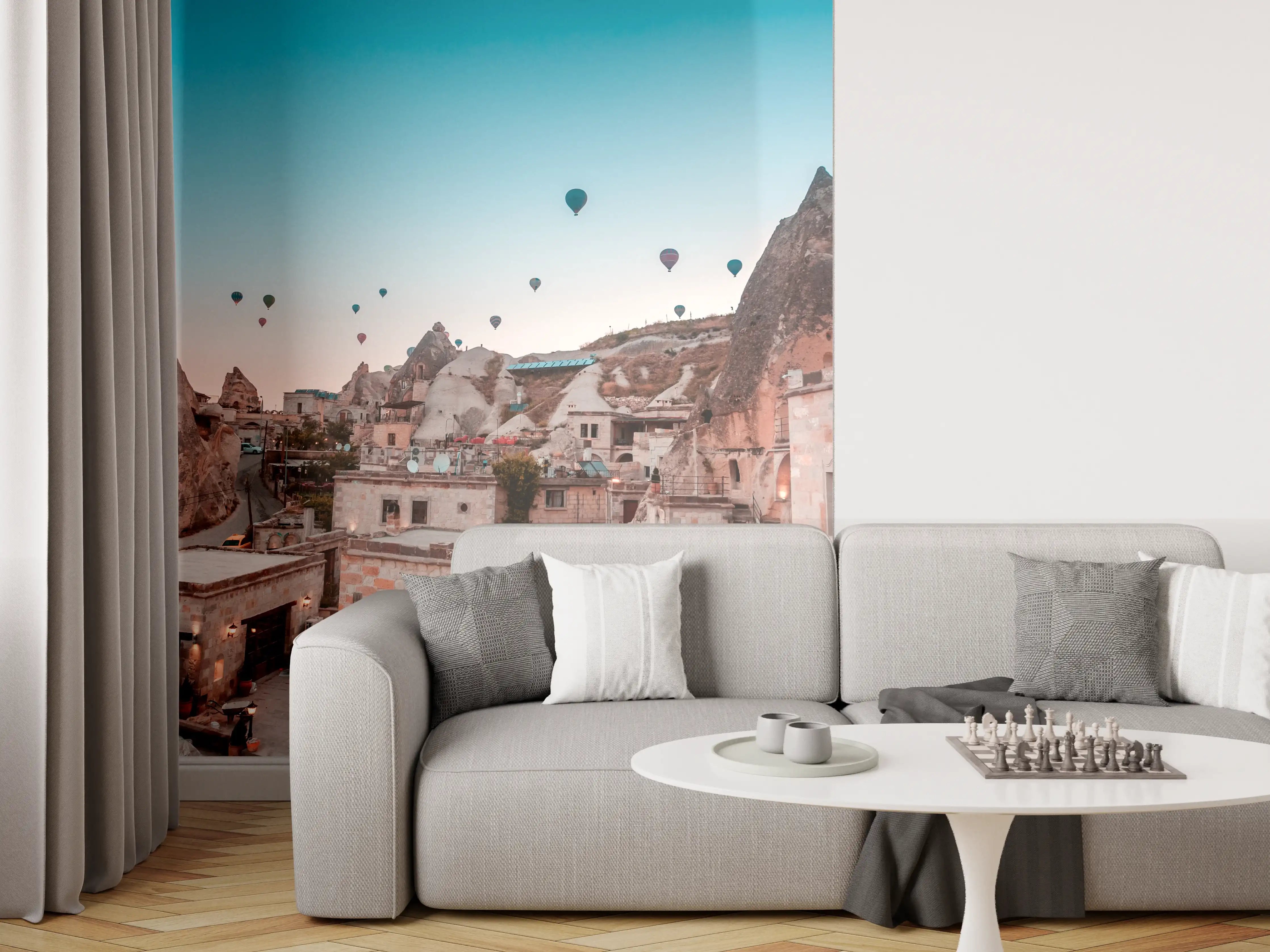 Wandverkleidung Wohnzimmer - Bunte Heißluftballons über historischer Stadt