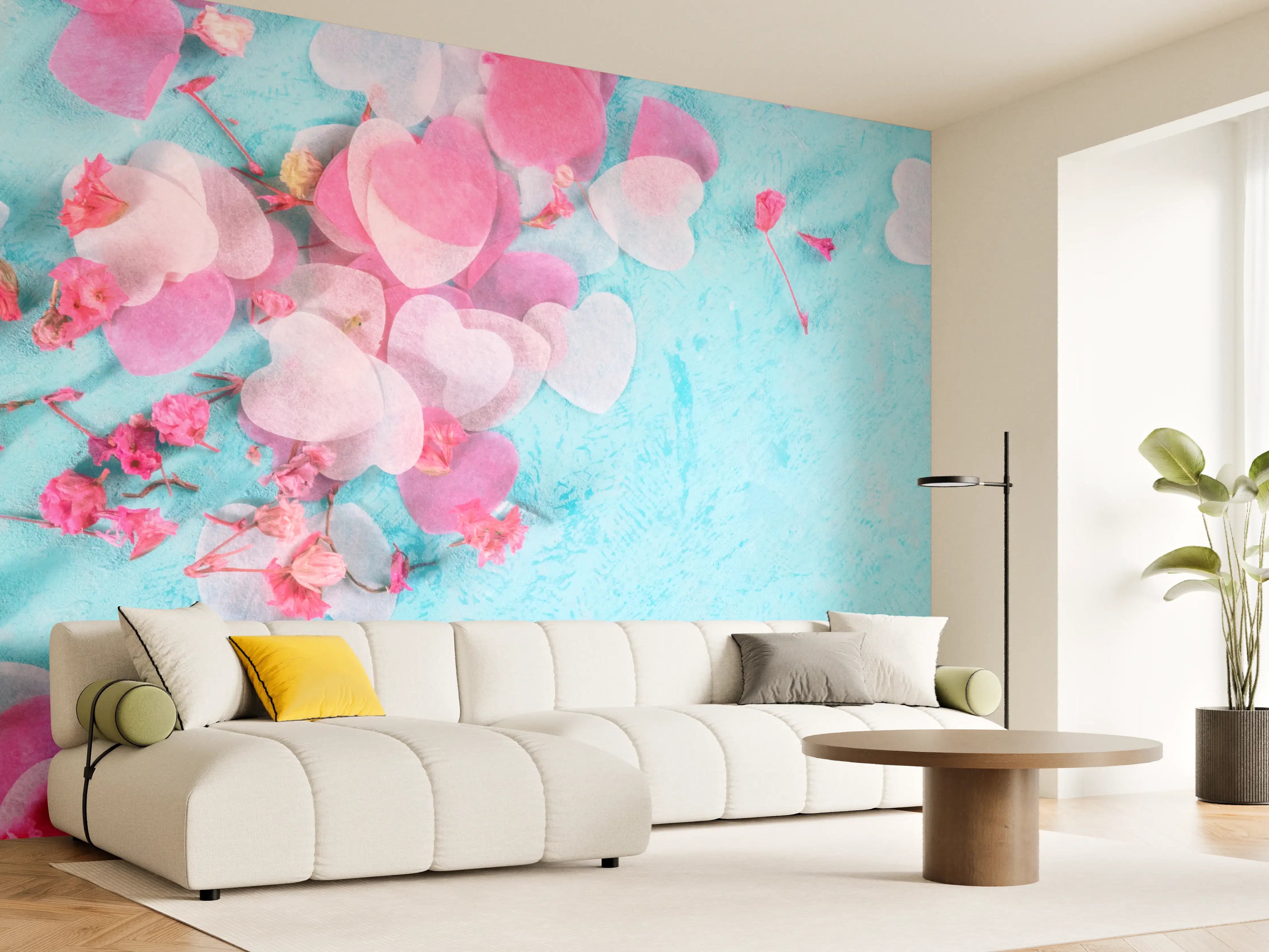 Wandverkleidung Wohnzimmer - Bunte Herzchen auf Blau