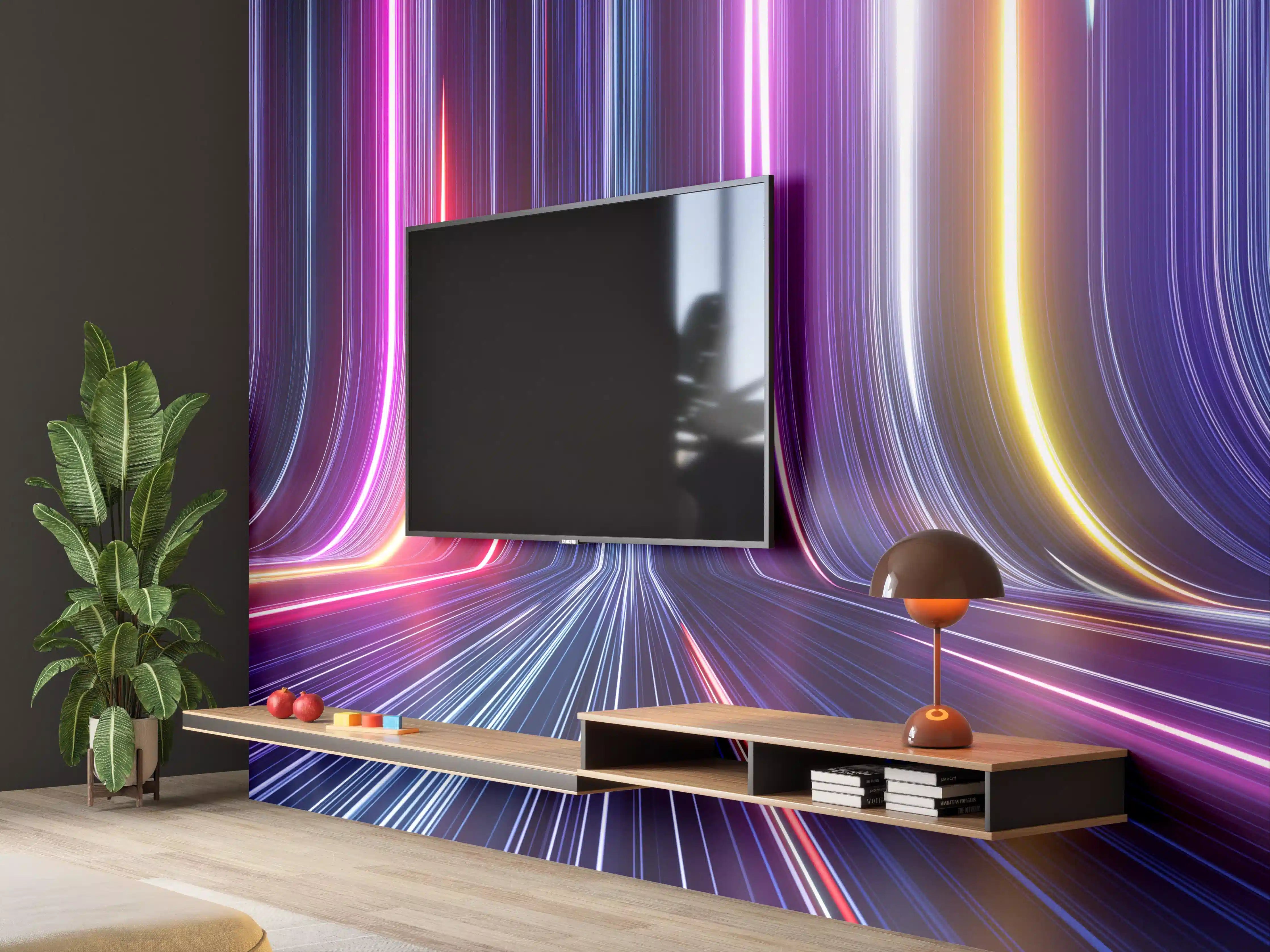 Wandverkleidung Wohnzimmer - Bunte Lichtstrahlen in der Nacht