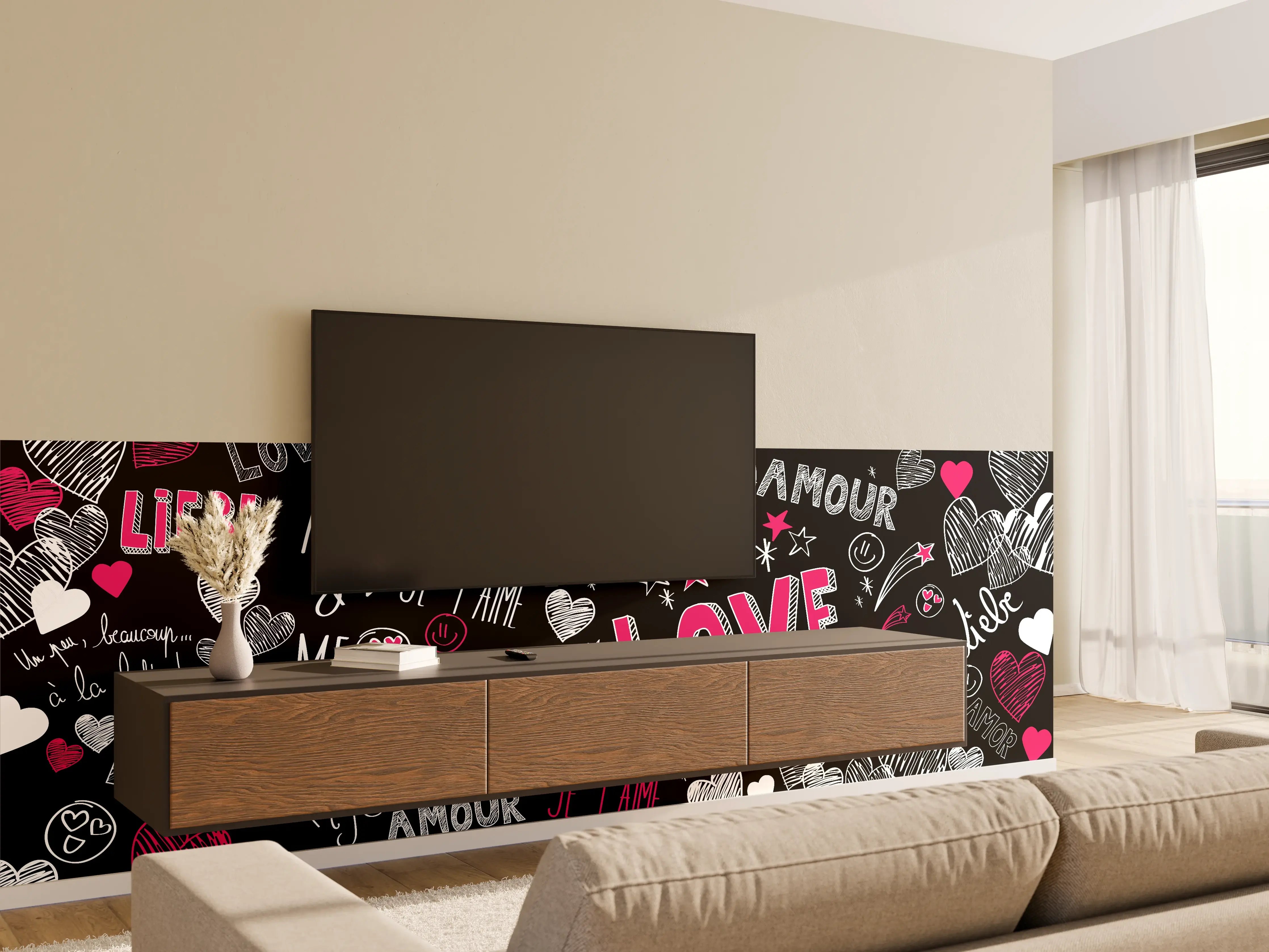 Wandverkleidung Wohnzimmer - Bunte Liebe Herzen Schrift Banner
