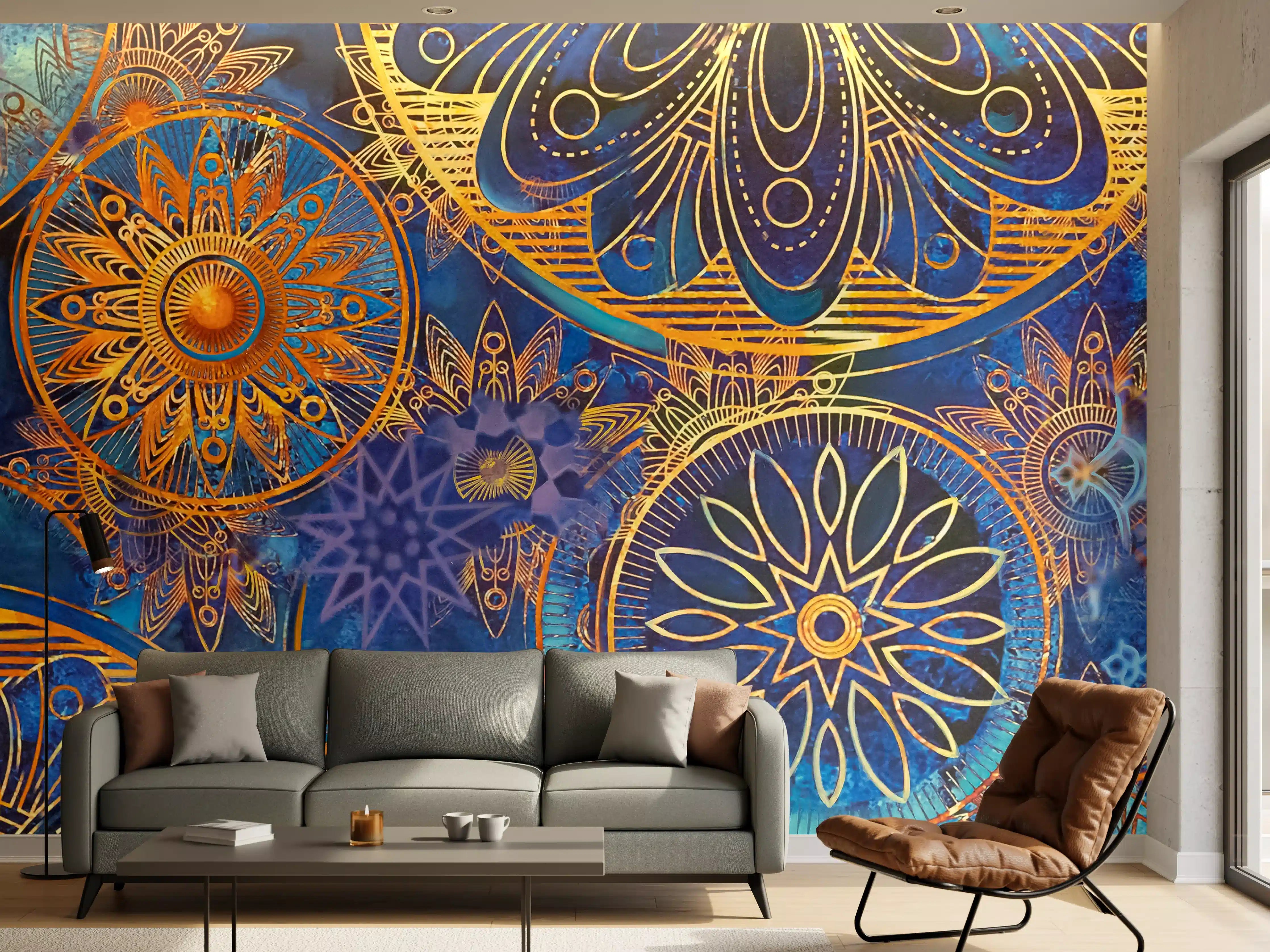 Wandverkleidung Wohnzimmer - Bunte Mandala-Muster mit Goldakzenten