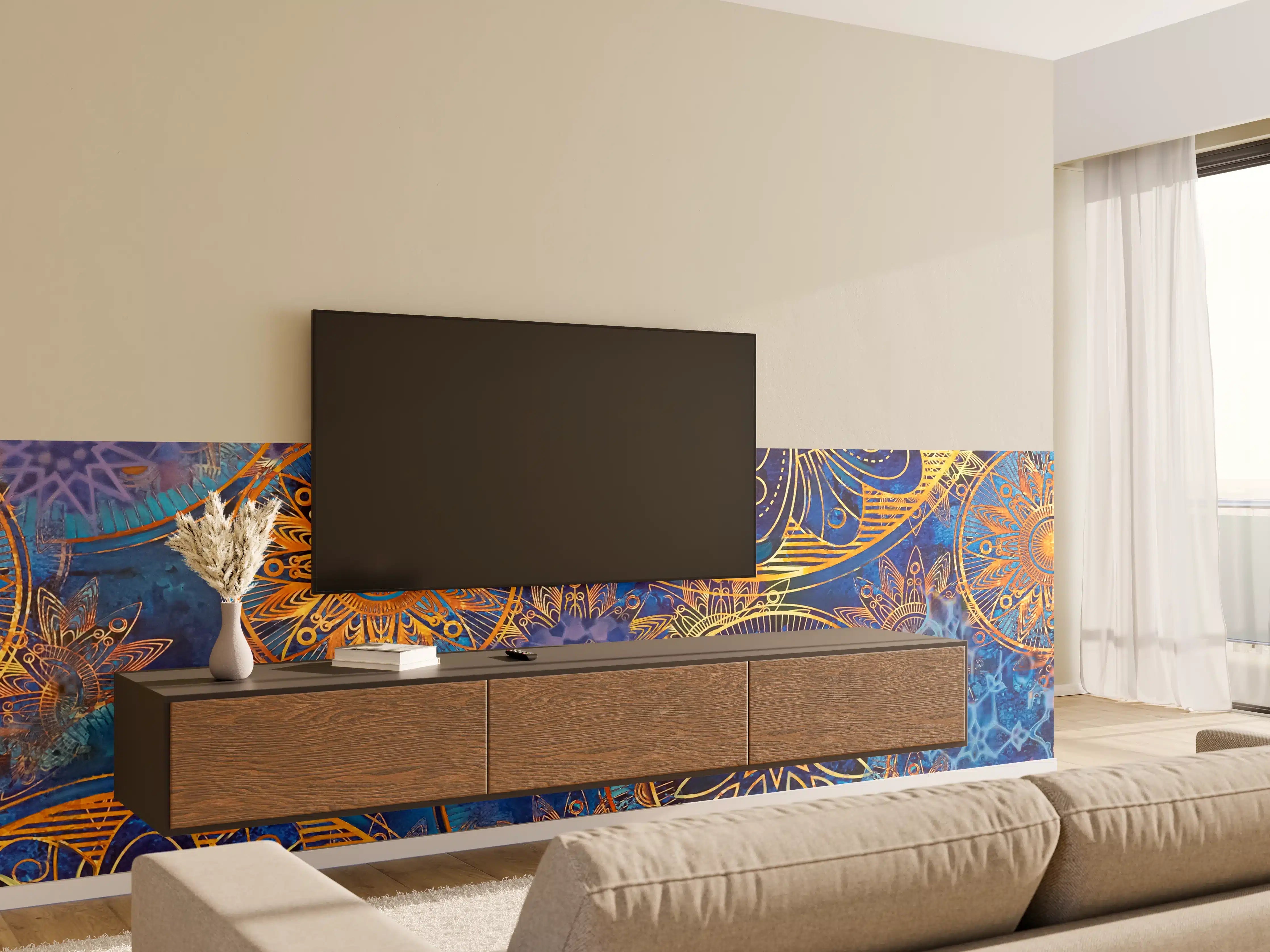 Wandverkleidung Wohnzimmer - Bunte Mandala-Muster mit Goldakzenten