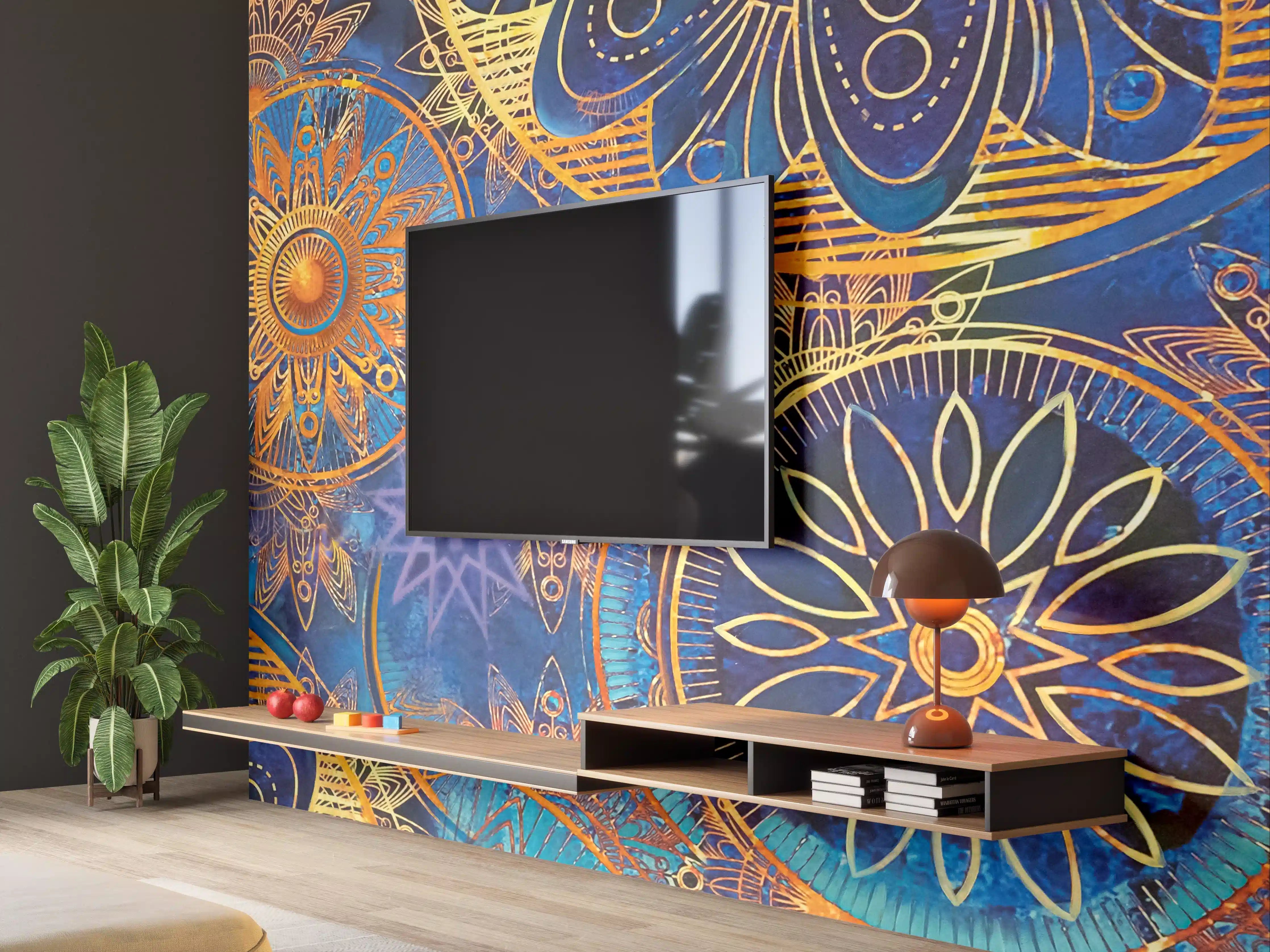 Wandverkleidung Wohnzimmer - Bunte Mandala-Muster mit Goldakzenten