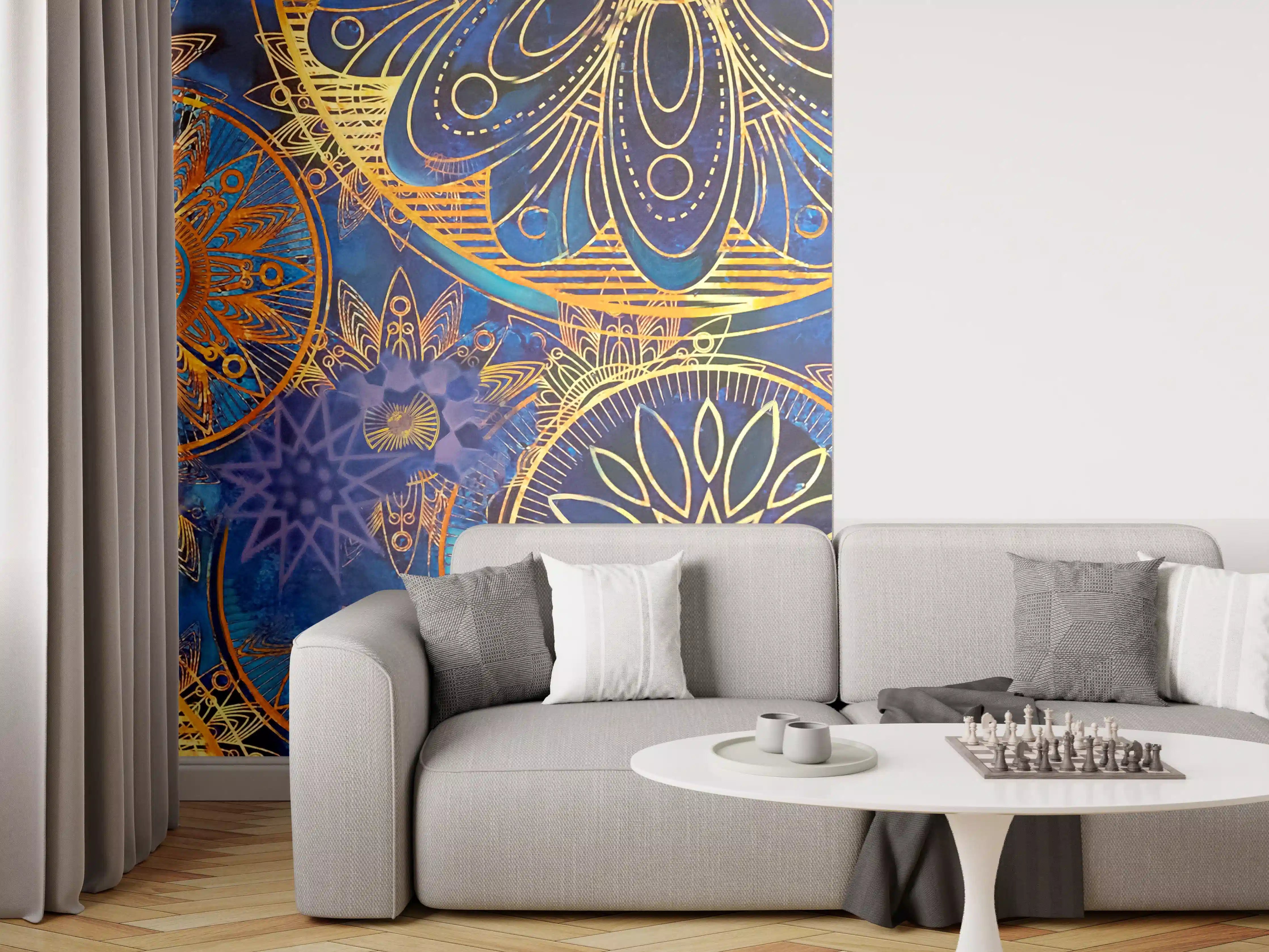 Wandverkleidung Wohnzimmer - Bunte Mandala-Muster mit Goldakzenten