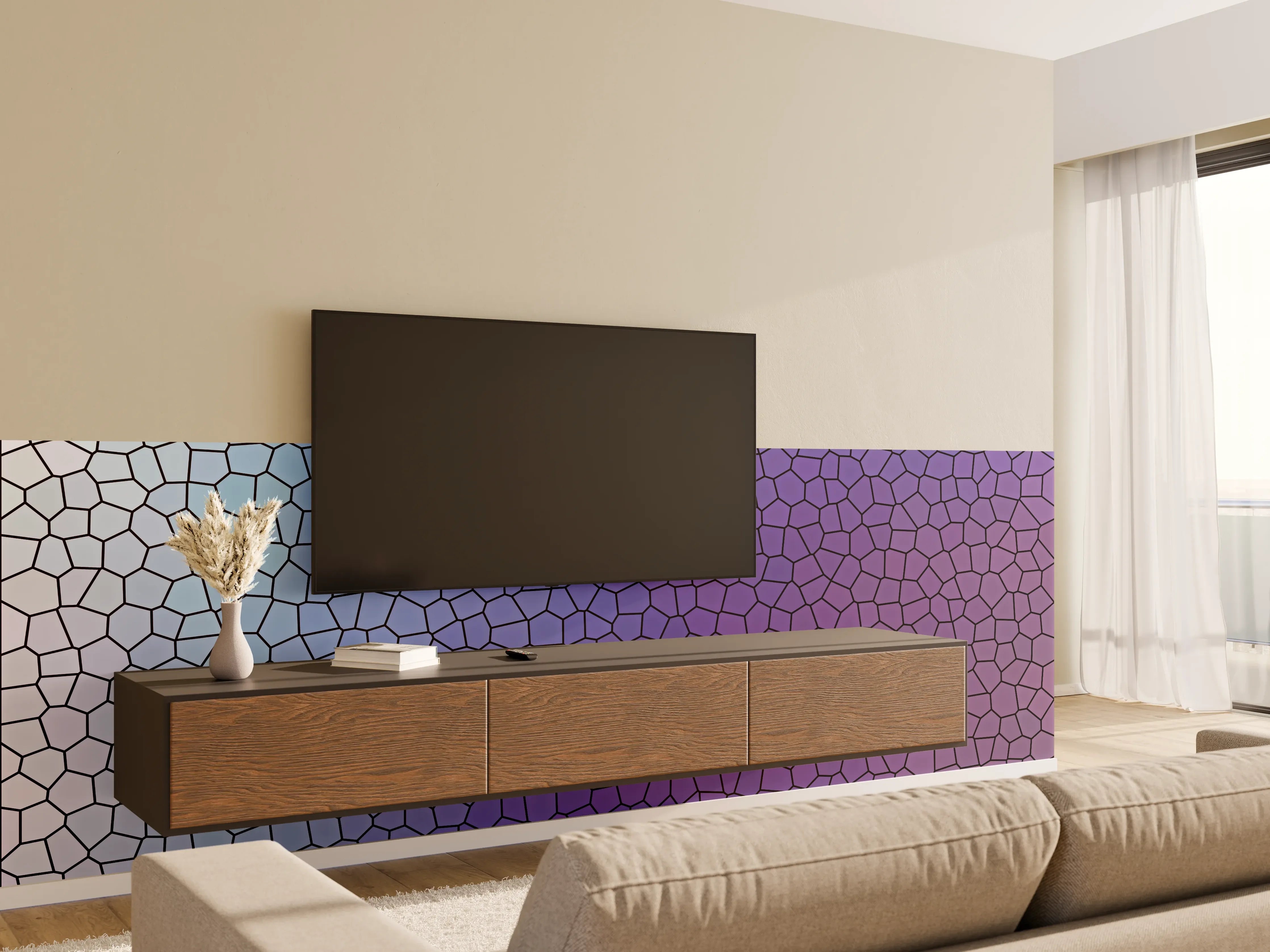 Wandverkleidung Wohnzimmer - Bunte Mosaik-Textur mit Grau- und Lilatönen