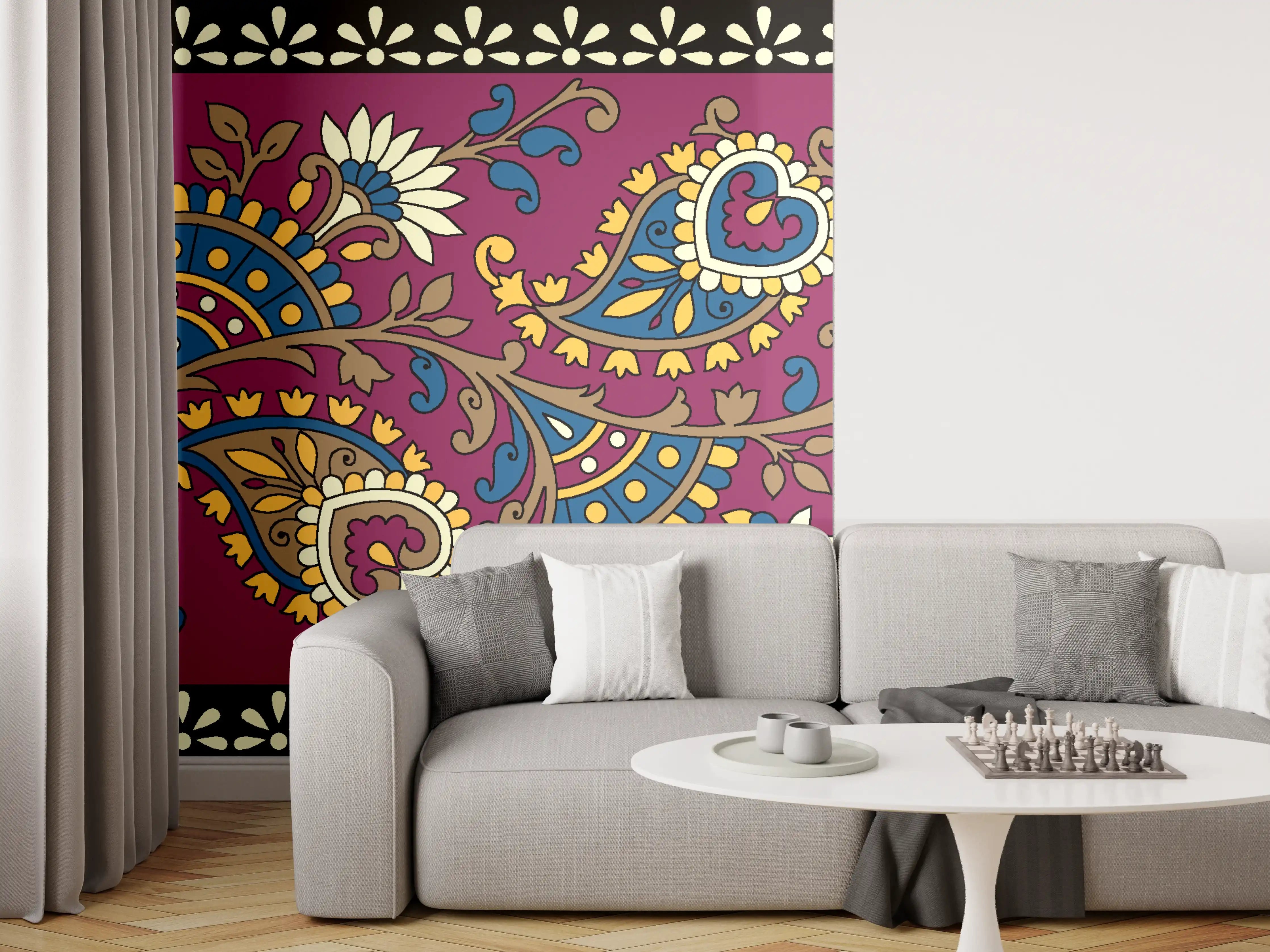 Wandverkleidung Wohnzimmer - Bunte Paisley-Muster mit floralen Akzenten