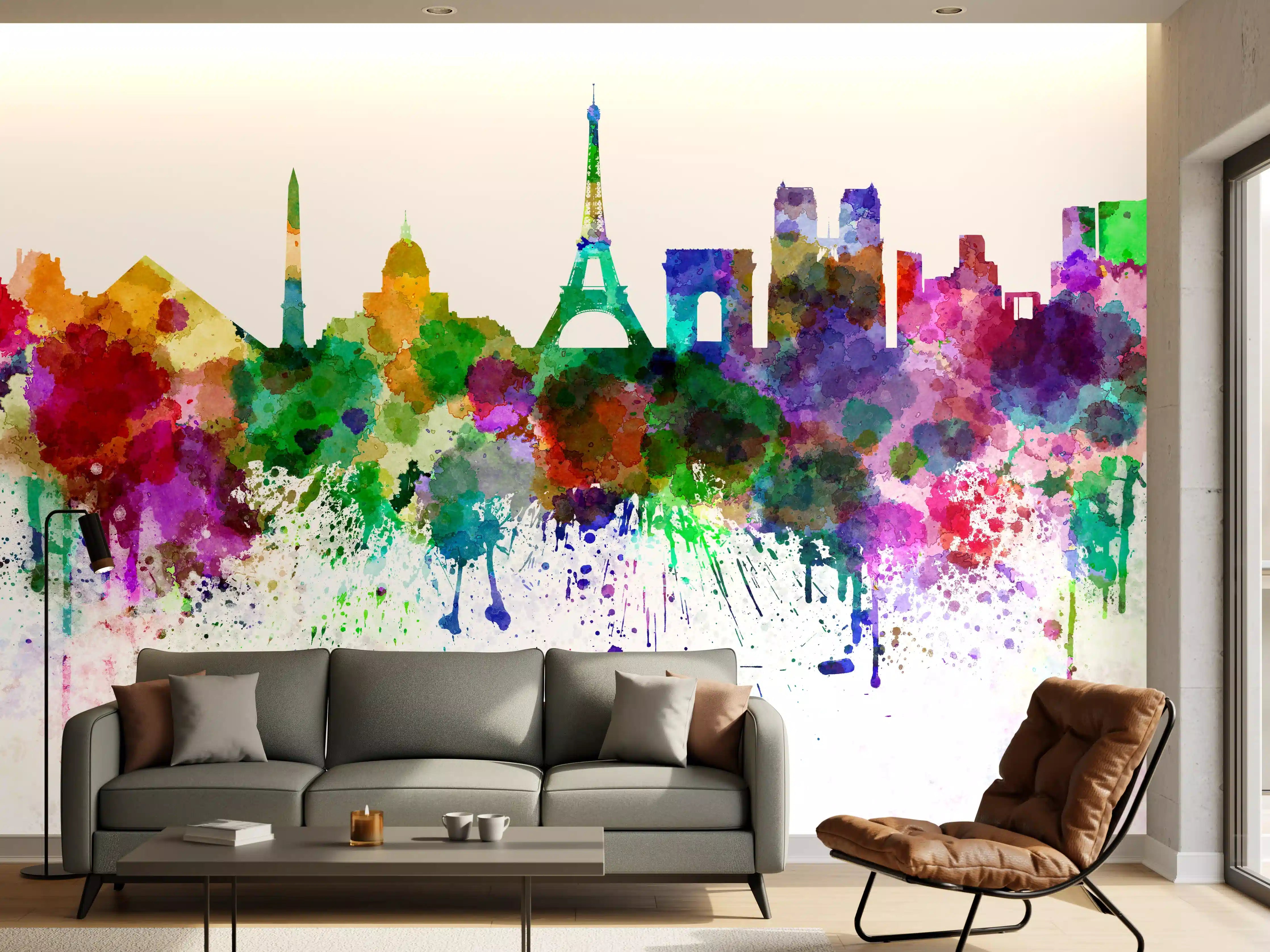 Wandverkleidung Wohnzimmer - Bunte Paris Skyline Aquarell