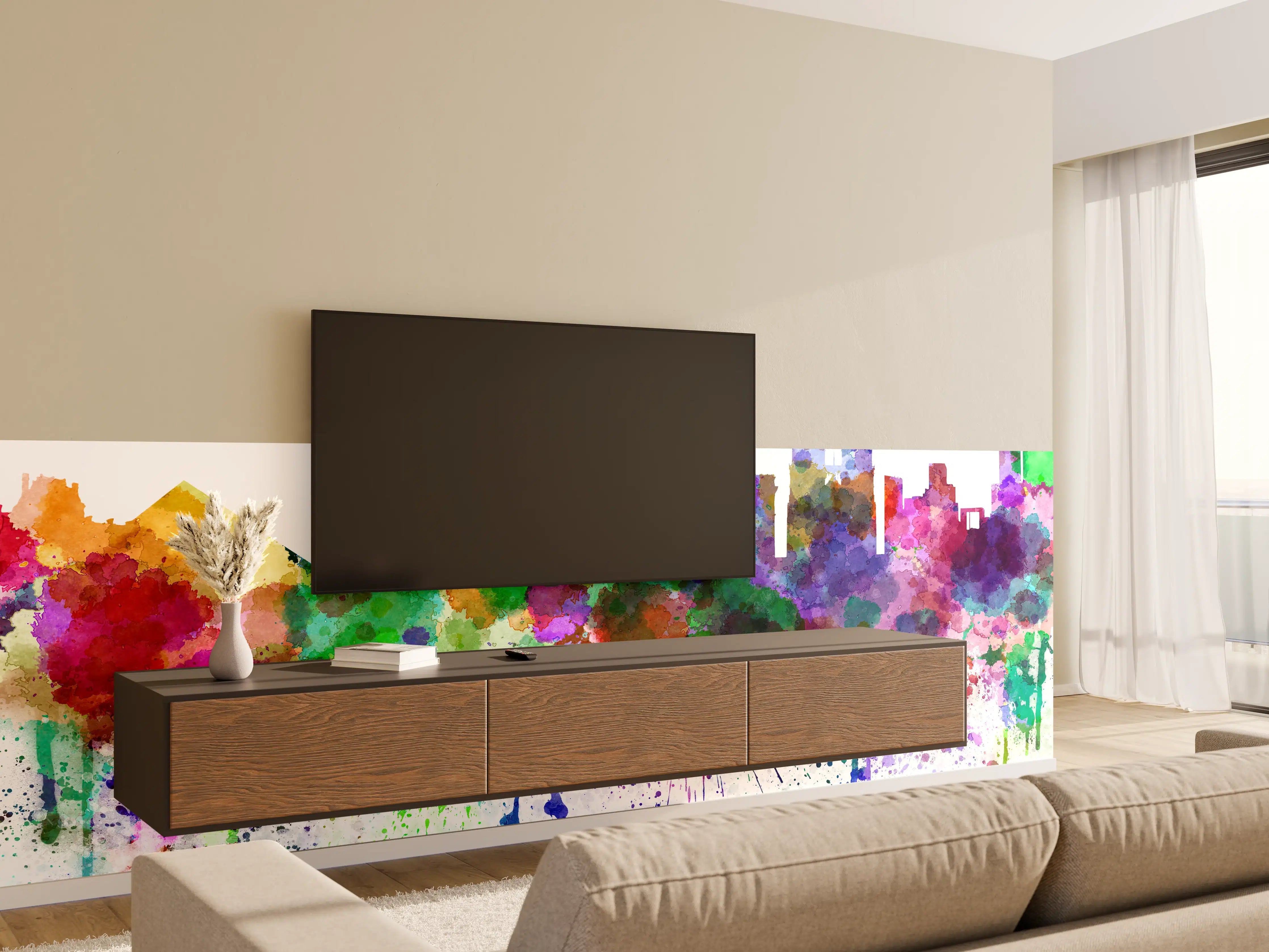 Wandverkleidung Wohnzimmer - Bunte Paris Skyline Aquarell