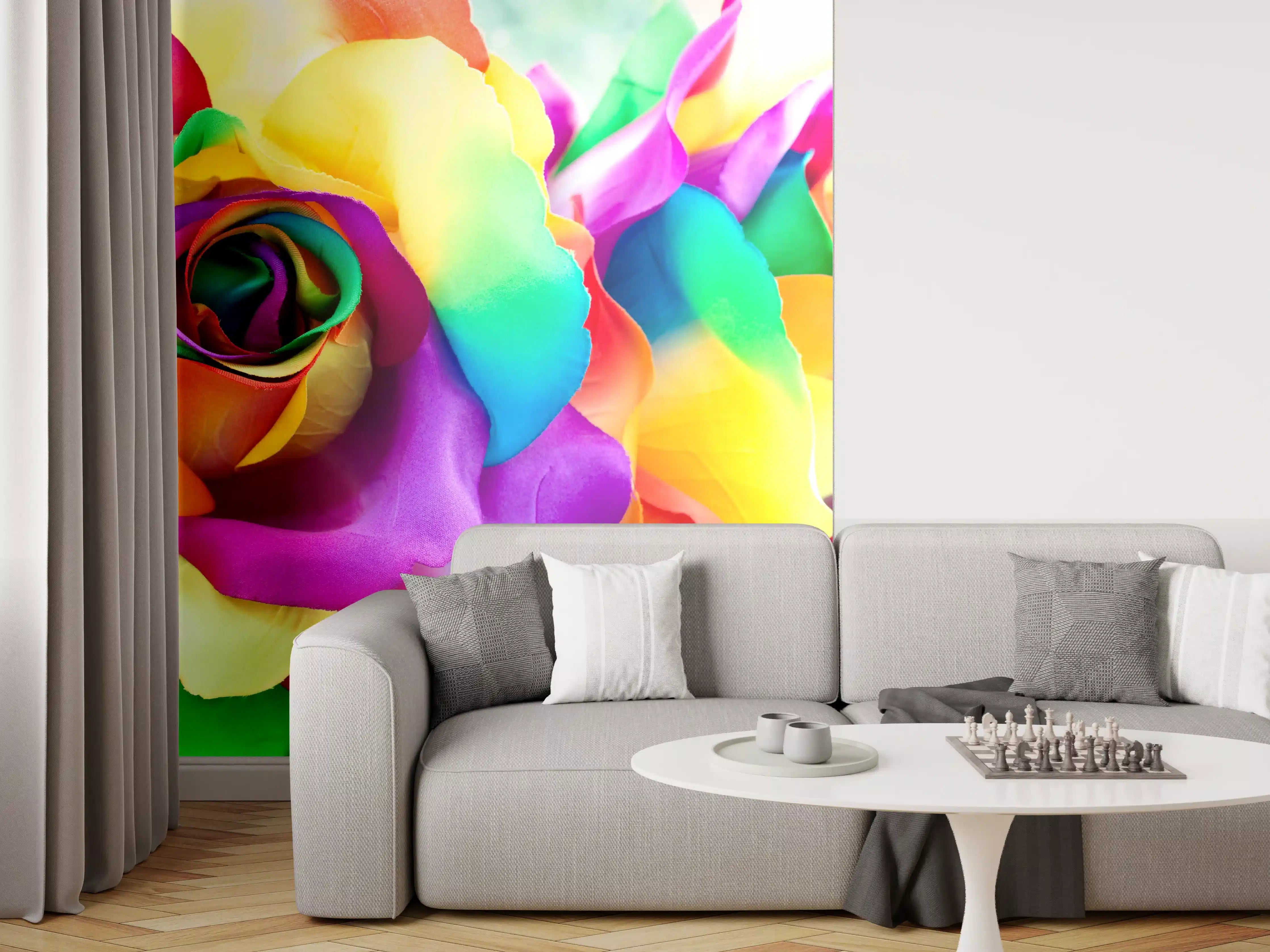 Wandverkleidung Wohnzimmer - Bunte Rosen in Regenbogenfarben