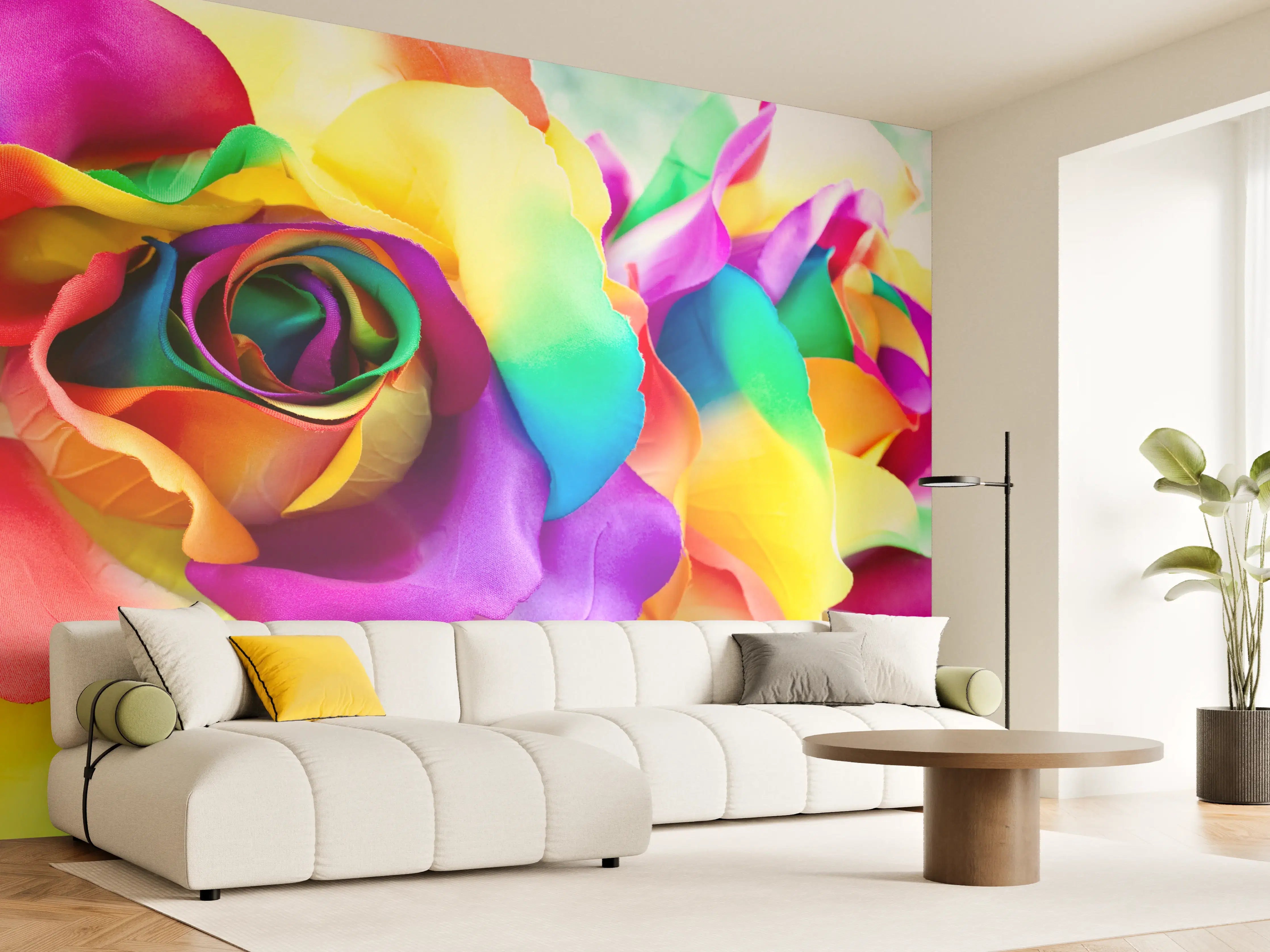 Wandverkleidung Wohnzimmer - Bunte Rosen in Regenbogenfarben