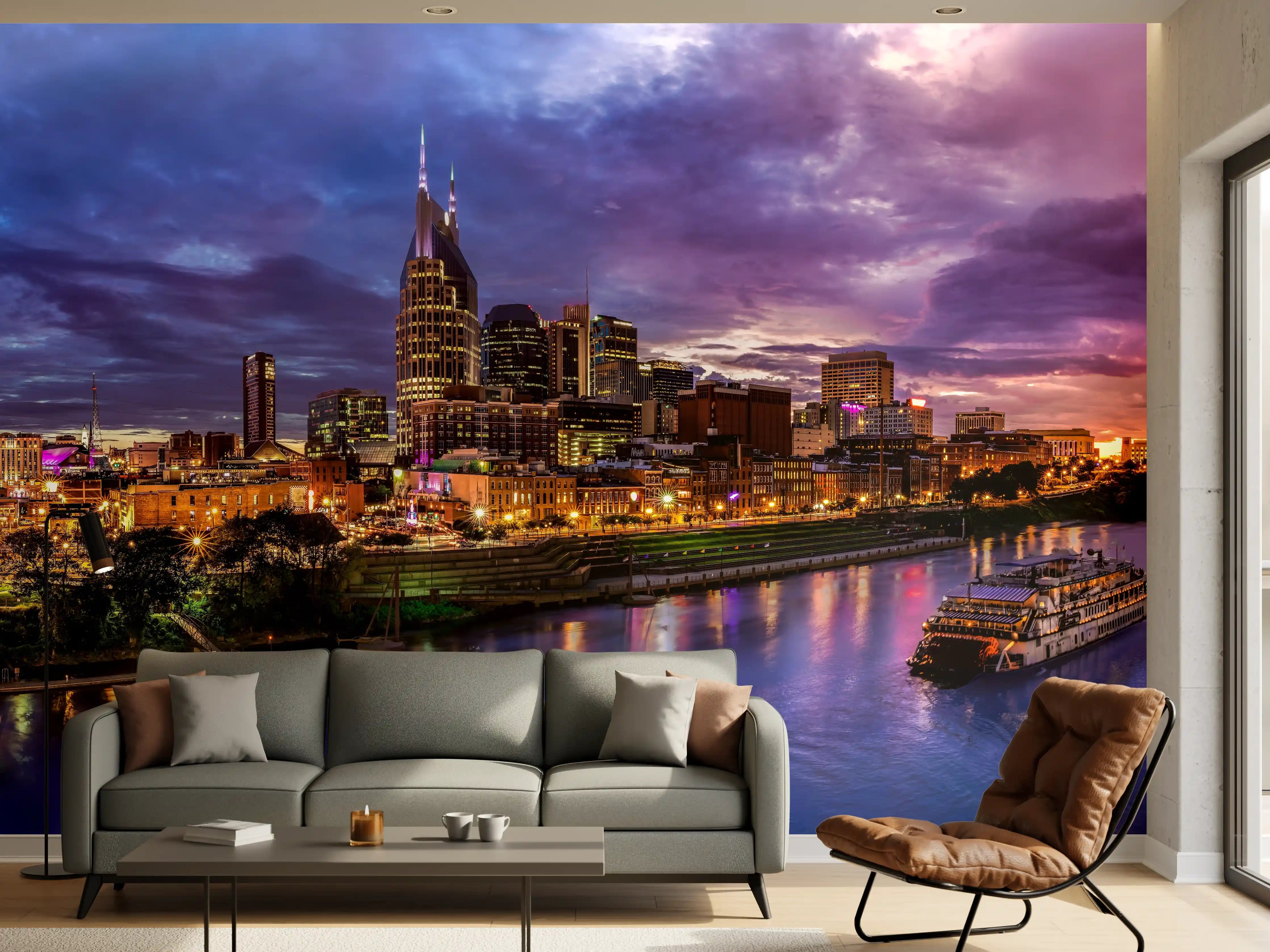 Wandverkleidung Wohnzimmer - Bunte Skyline von Nashville