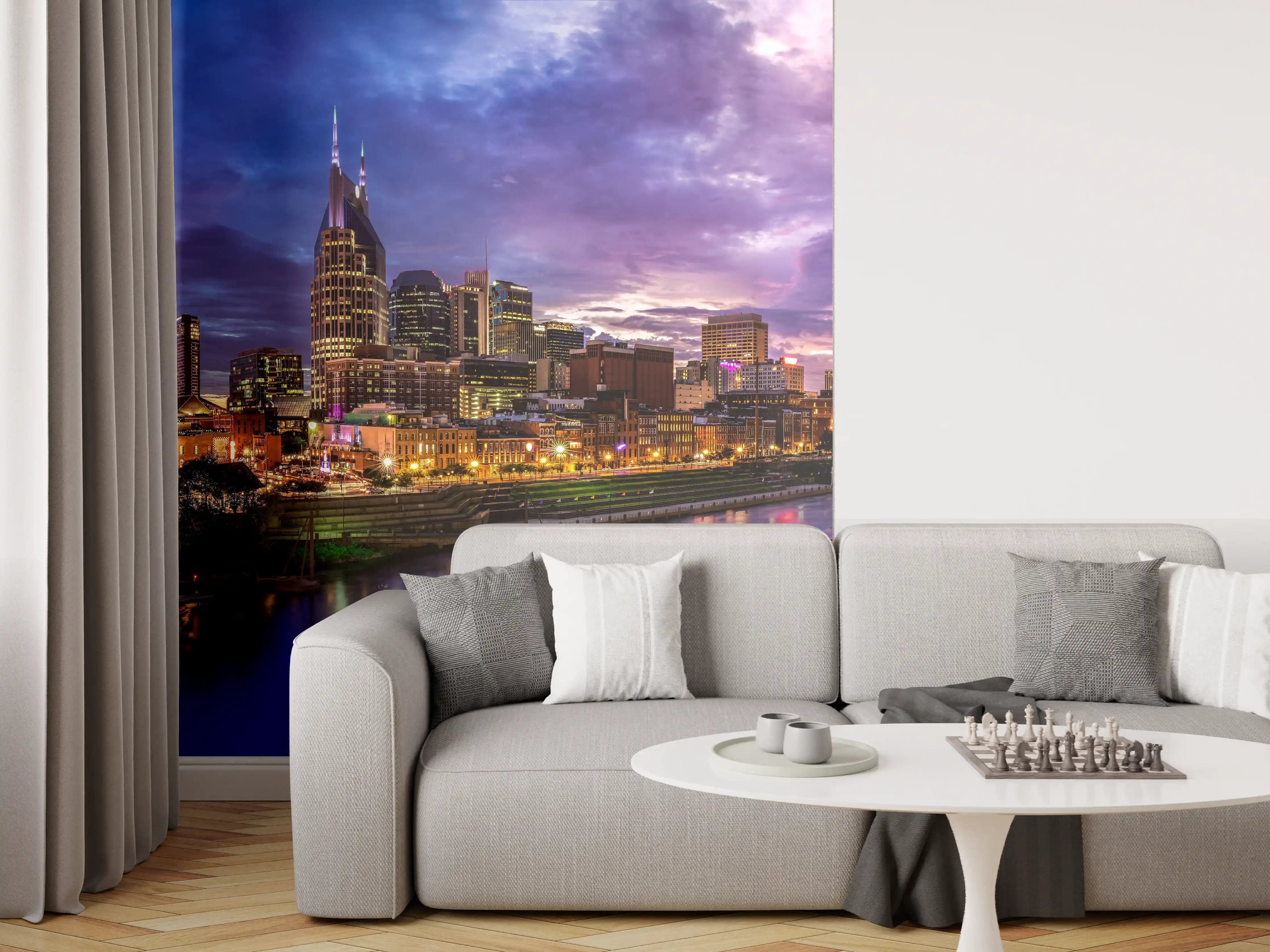 Wandverkleidung Wohnzimmer - Bunte Skyline von Nashville