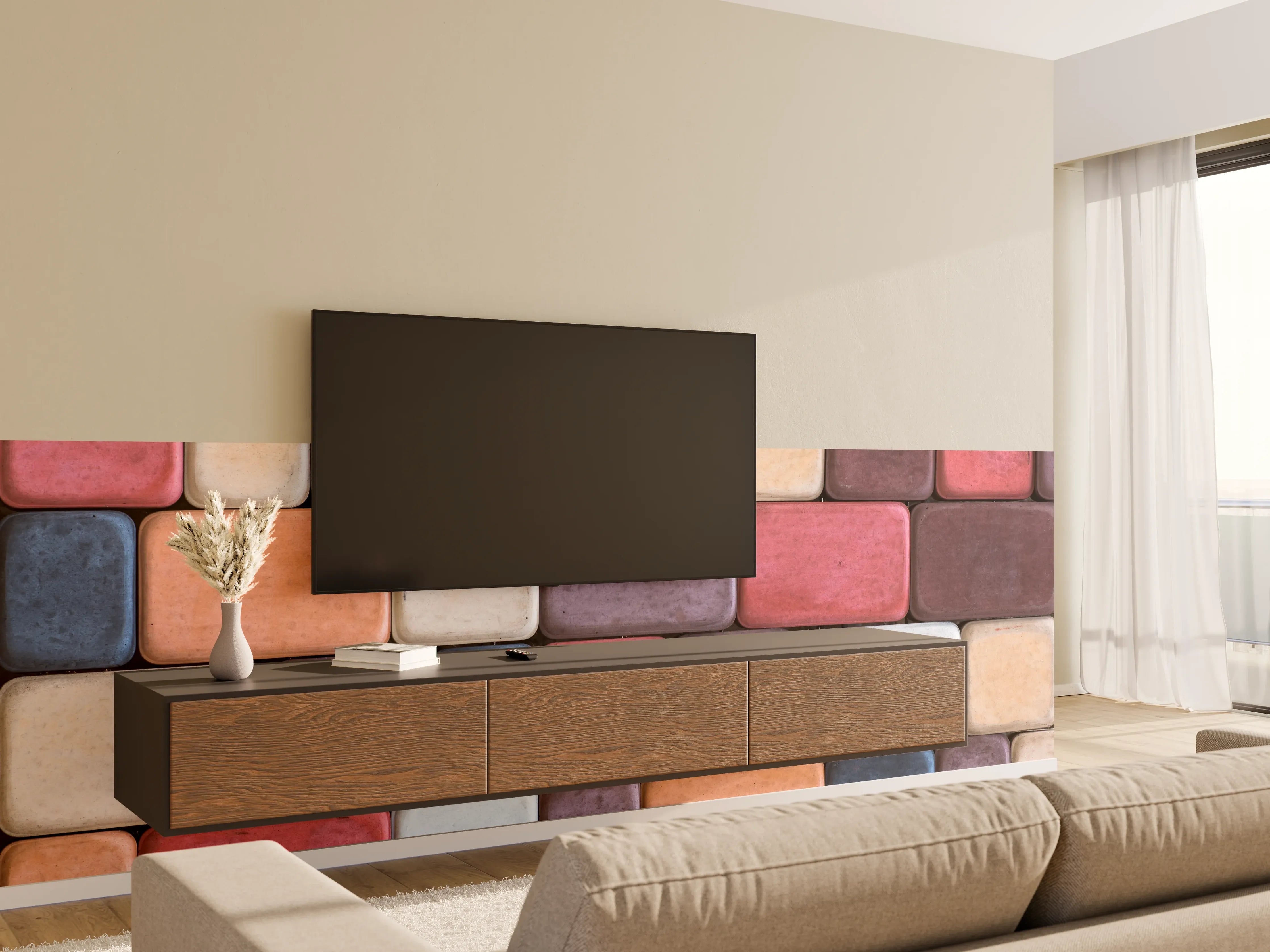 Wandverkleidung Wohnzimmer - Bunte Steinelemente für kreative Gestaltung