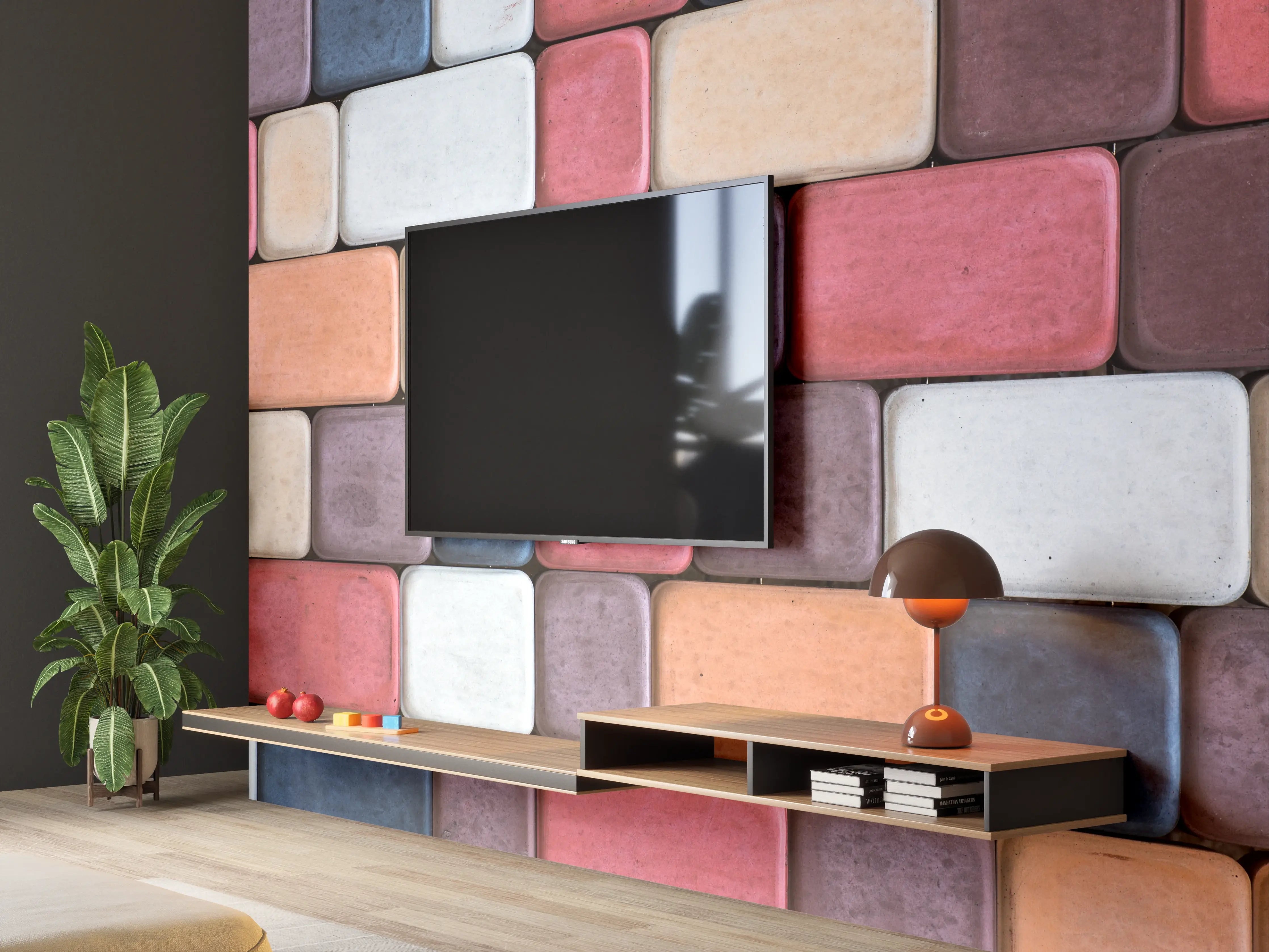 Wandverkleidung Wohnzimmer - Bunte Steinelemente für kreative Gestaltung