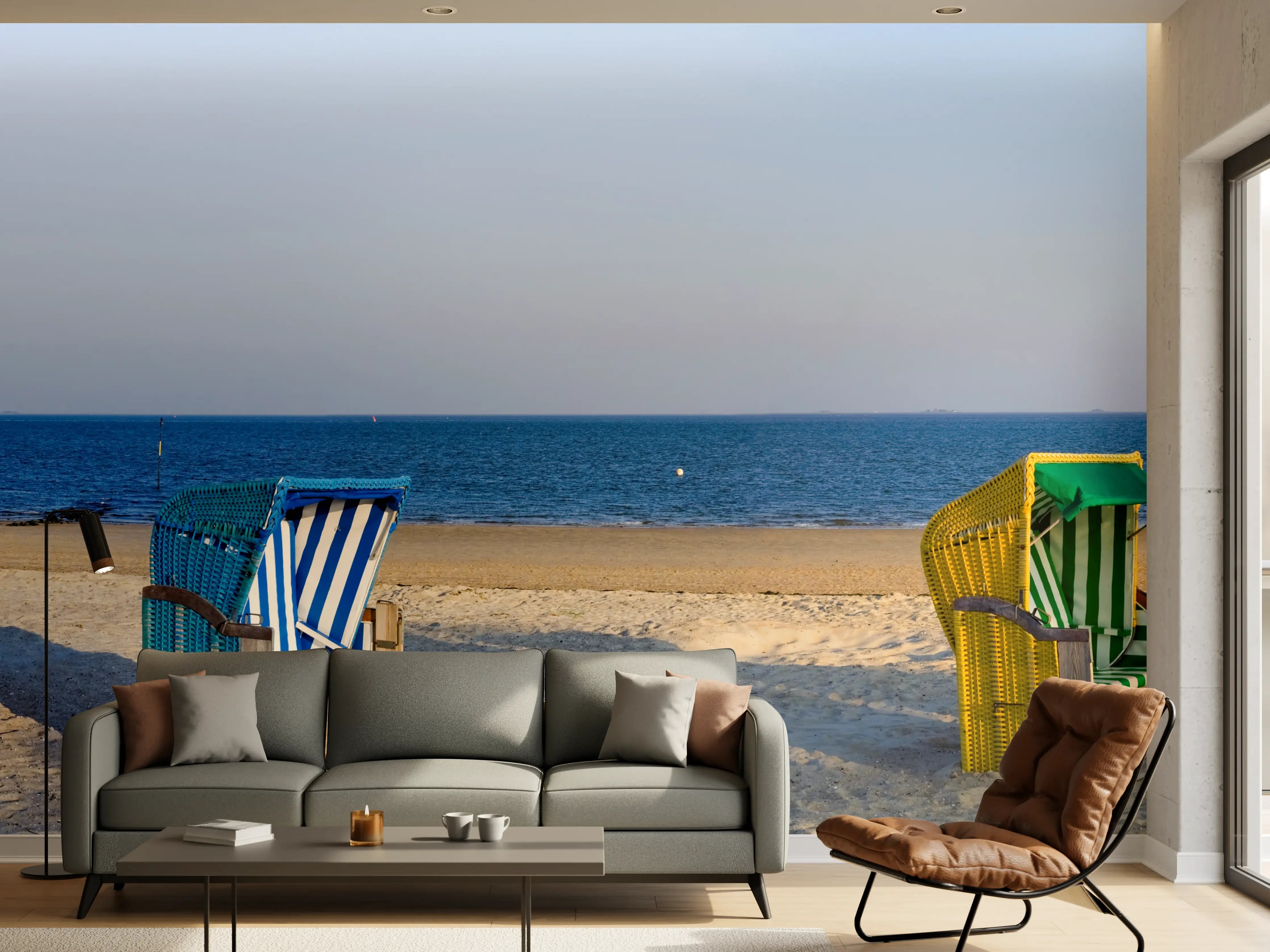 Wandverkleidung Wohnzimmer - Bunte Strandkörbe am Meer