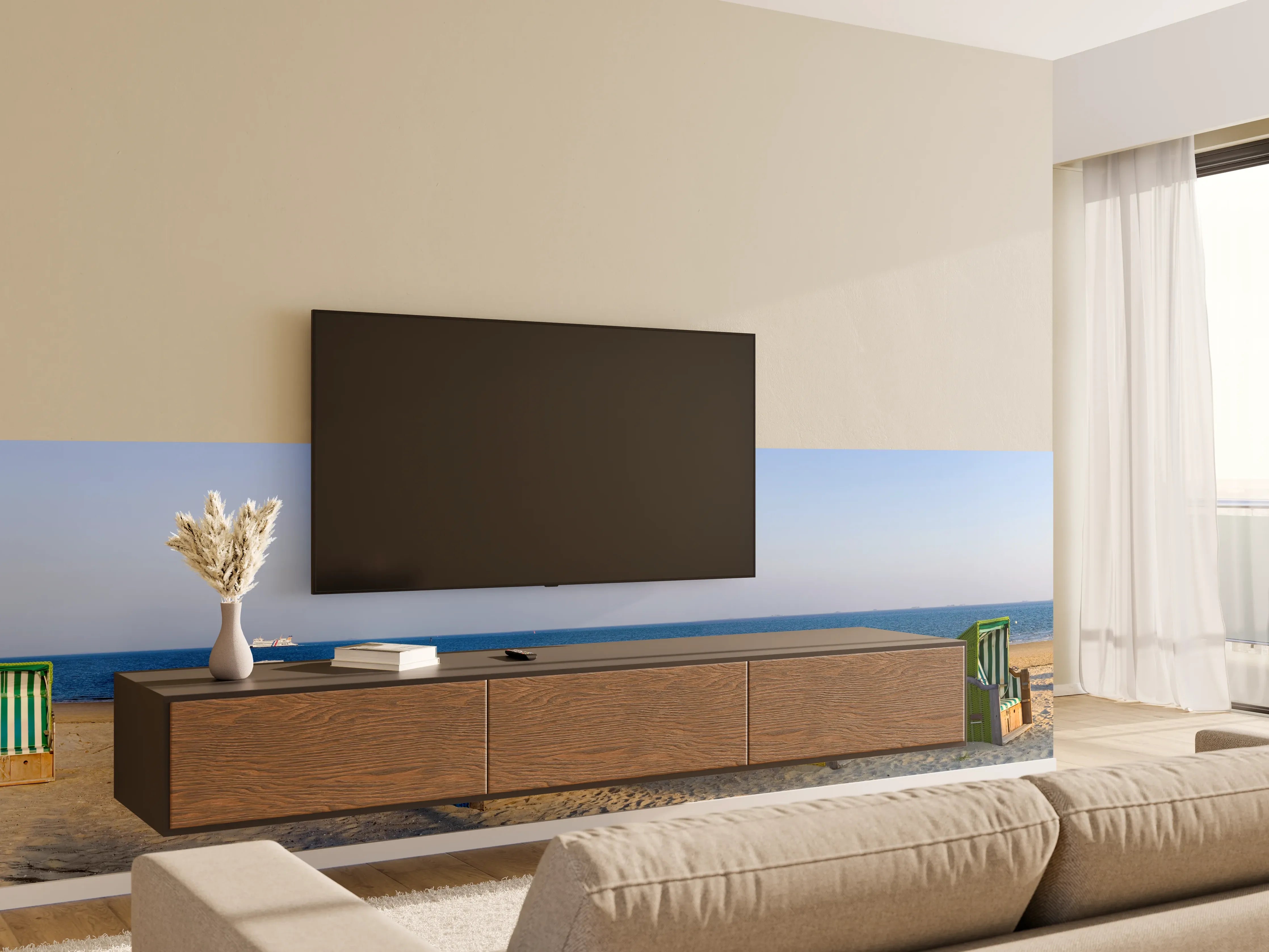 Wandverkleidung Wohnzimmer - Bunte Strandkörbe am Meer