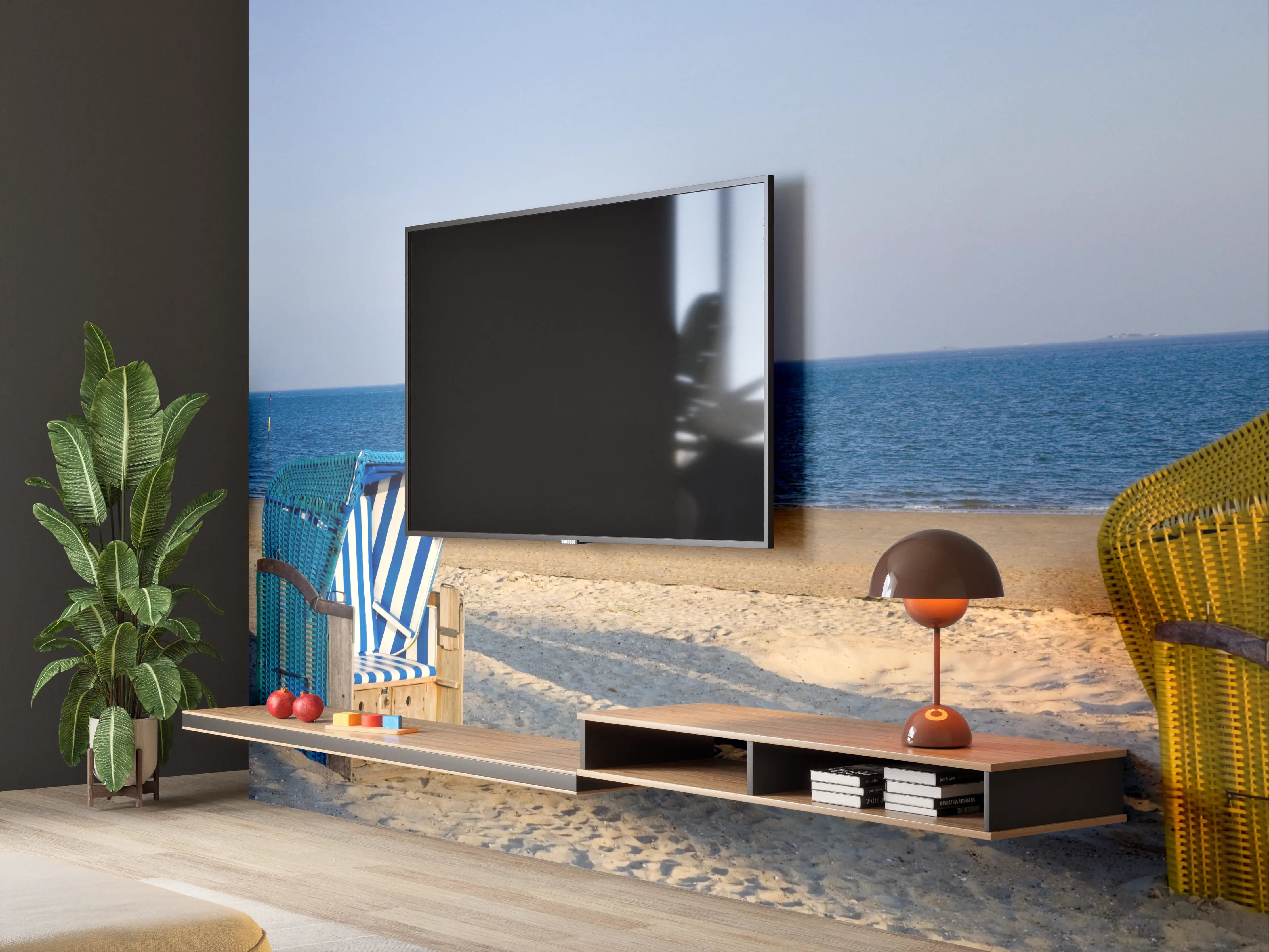 Wandverkleidung Wohnzimmer - Bunte Strandkörbe am Meer