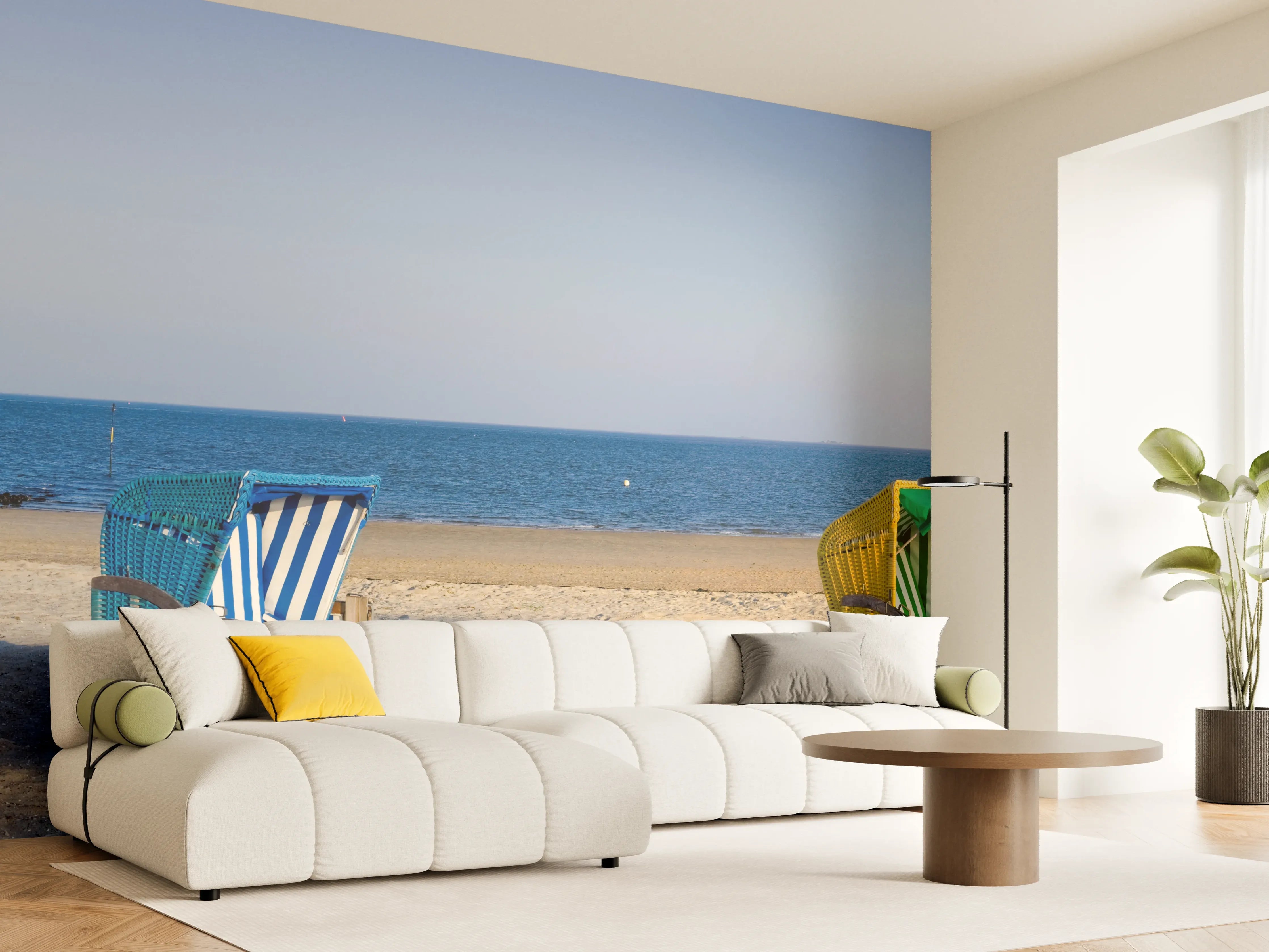 Wandverkleidung Wohnzimmer - Bunte Strandkörbe am Meer