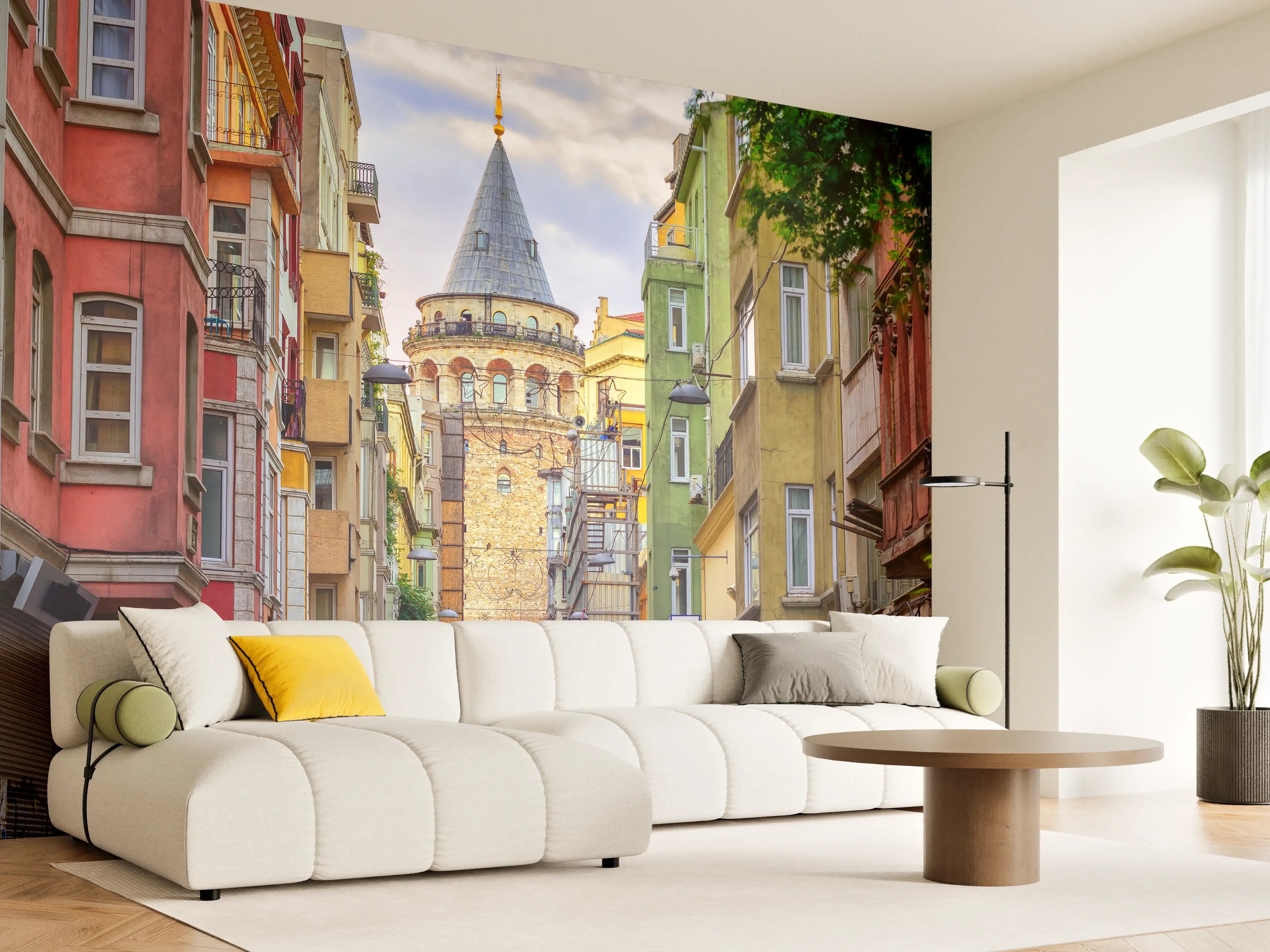 Wandverkleidung Wohnzimmer - Bunte Straßenszene mit historischer Türmelement