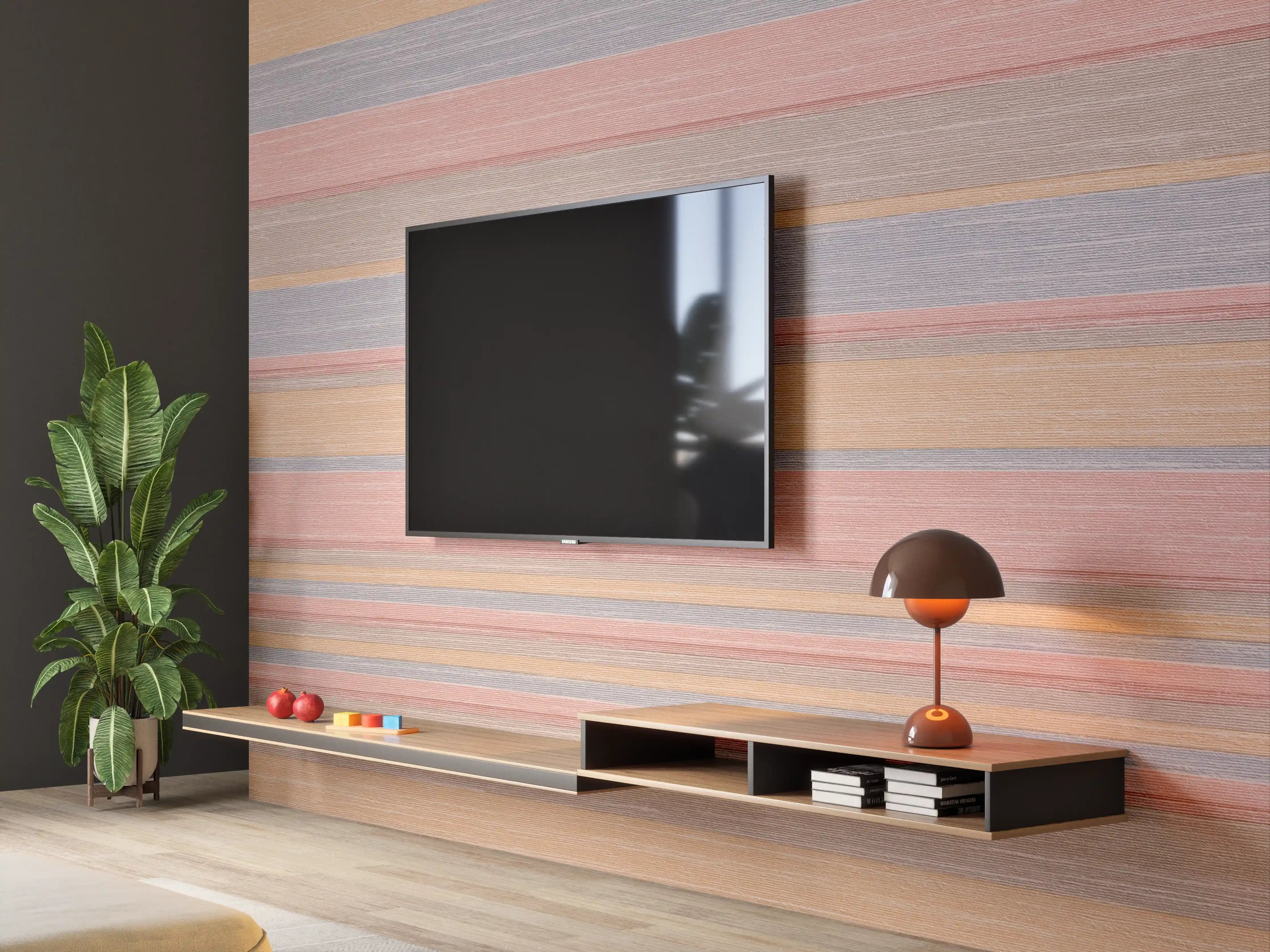 Wandverkleidung Wohnzimmer - Bunte Streifenstruktur mit natürlichen Holzfarben