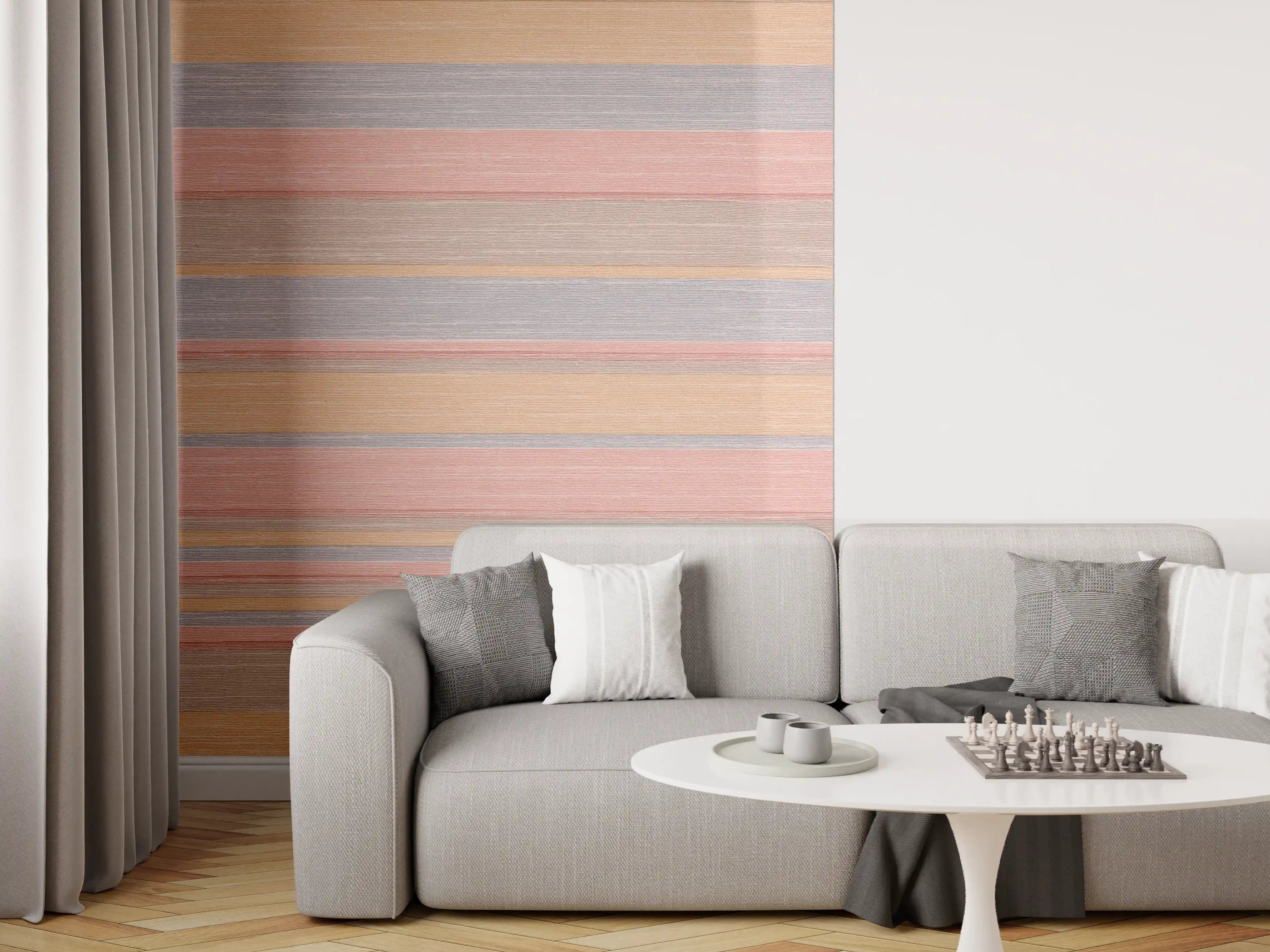 Wandverkleidung Wohnzimmer - Bunte Streifenstruktur mit natürlichen Holzfarben