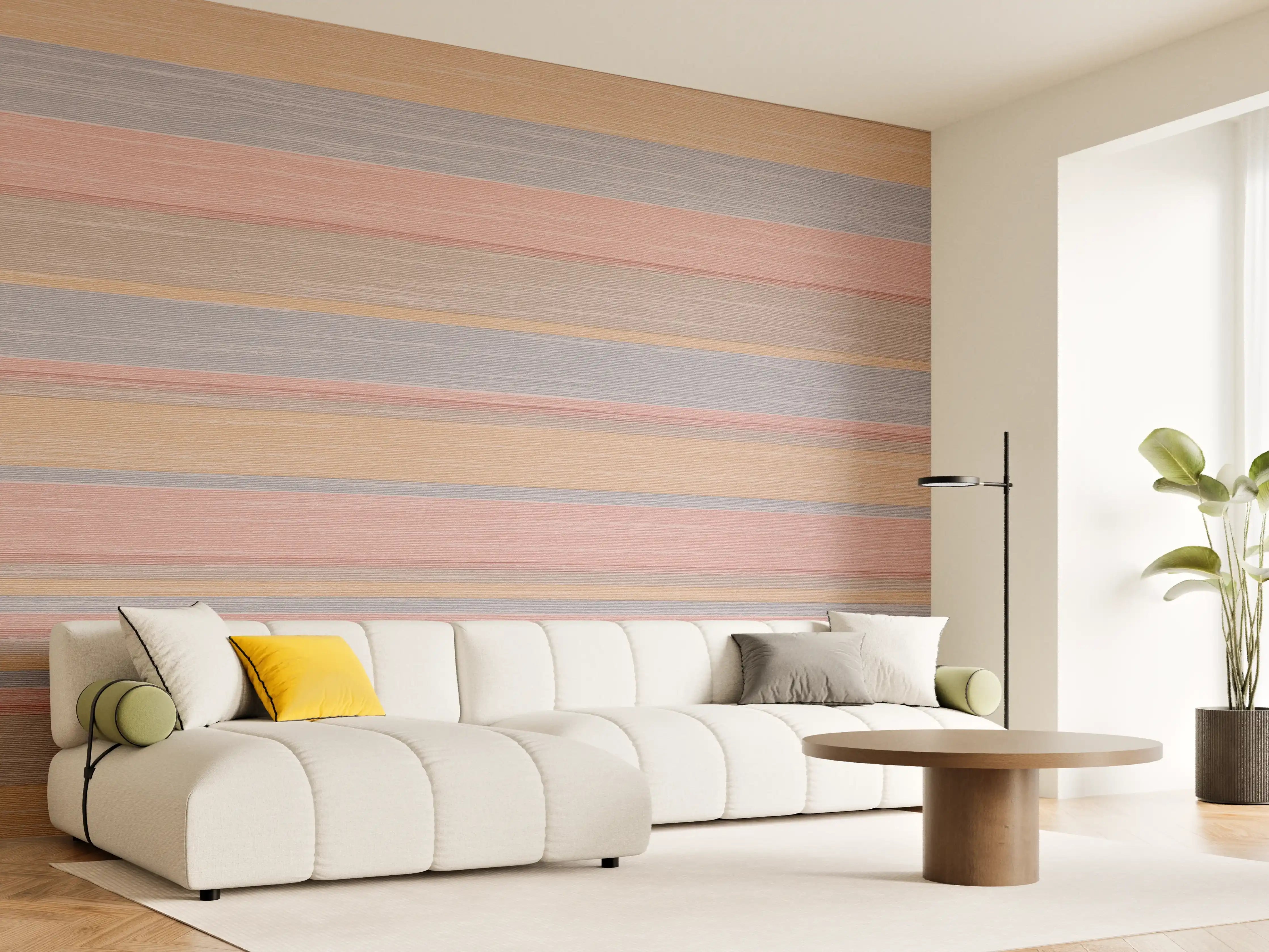 Wandverkleidung Wohnzimmer - Bunte Streifenstruktur mit natürlichen Holzfarben