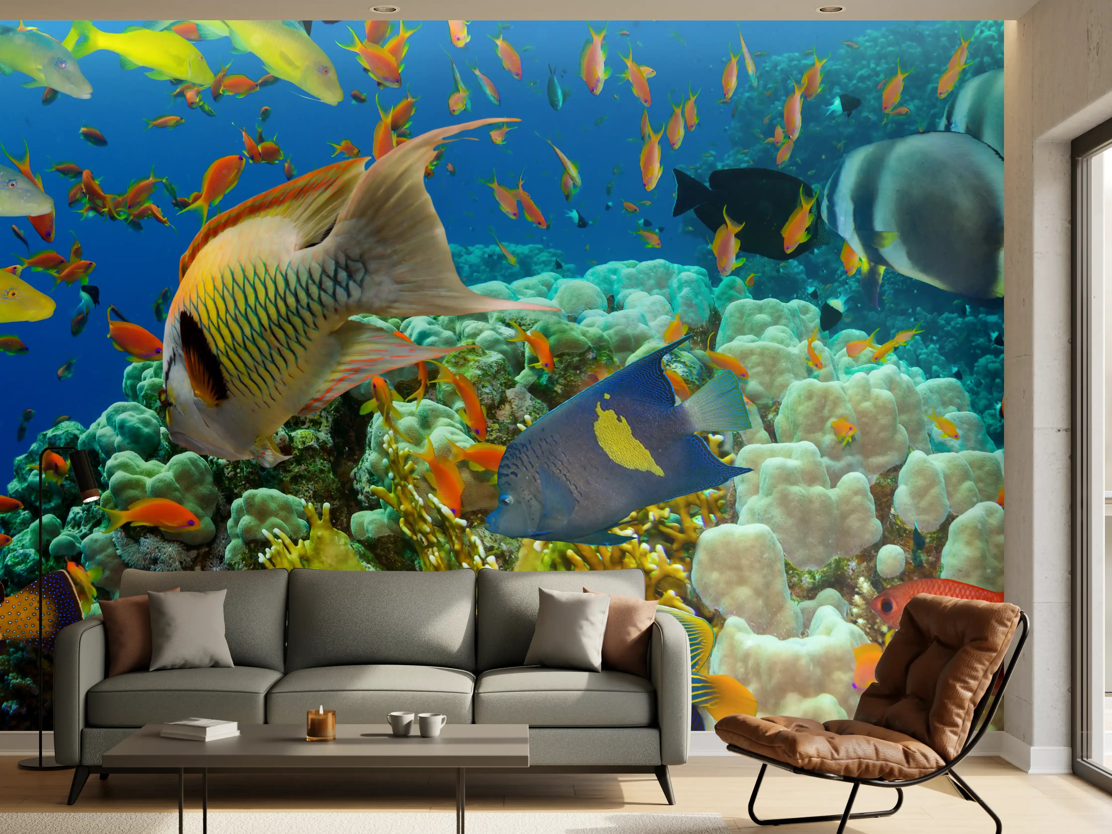 Wandverkleidung Wohnzimmer - Bunte Unterwasserwelt mit Fischen