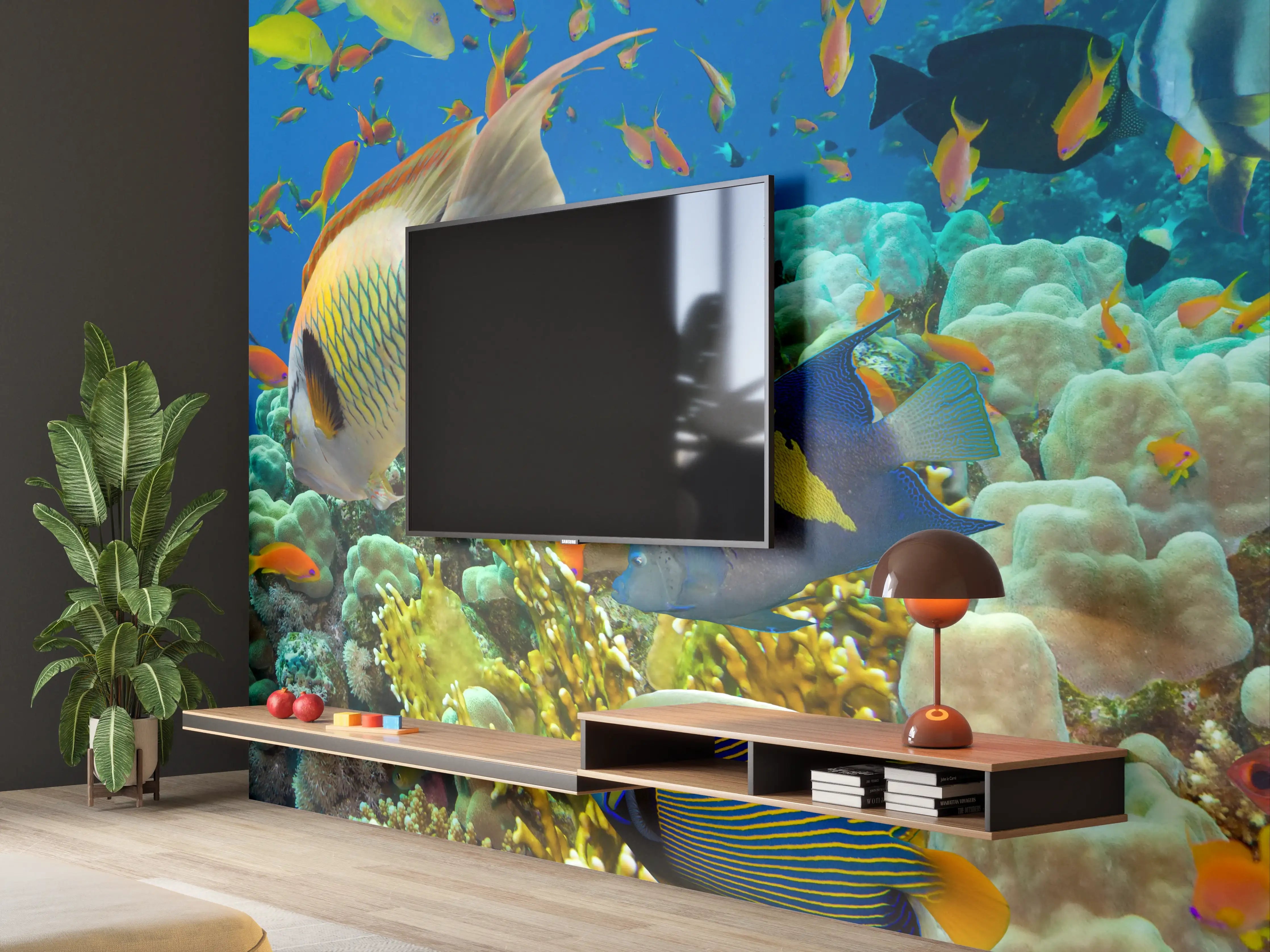 Wandverkleidung Wohnzimmer - Bunte Unterwasserwelt mit Fischen