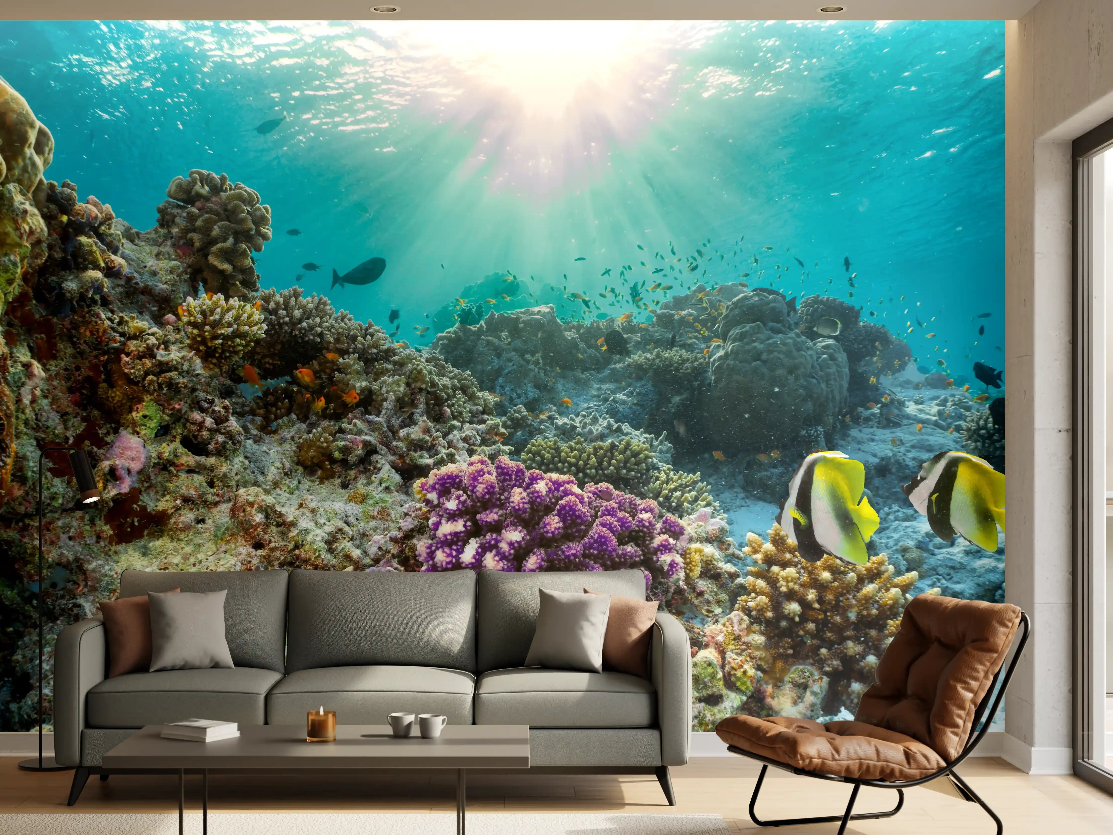 Wandverkleidung Wohnzimmer - Bunte Unterwasserwelt mit Korallen und Fischen